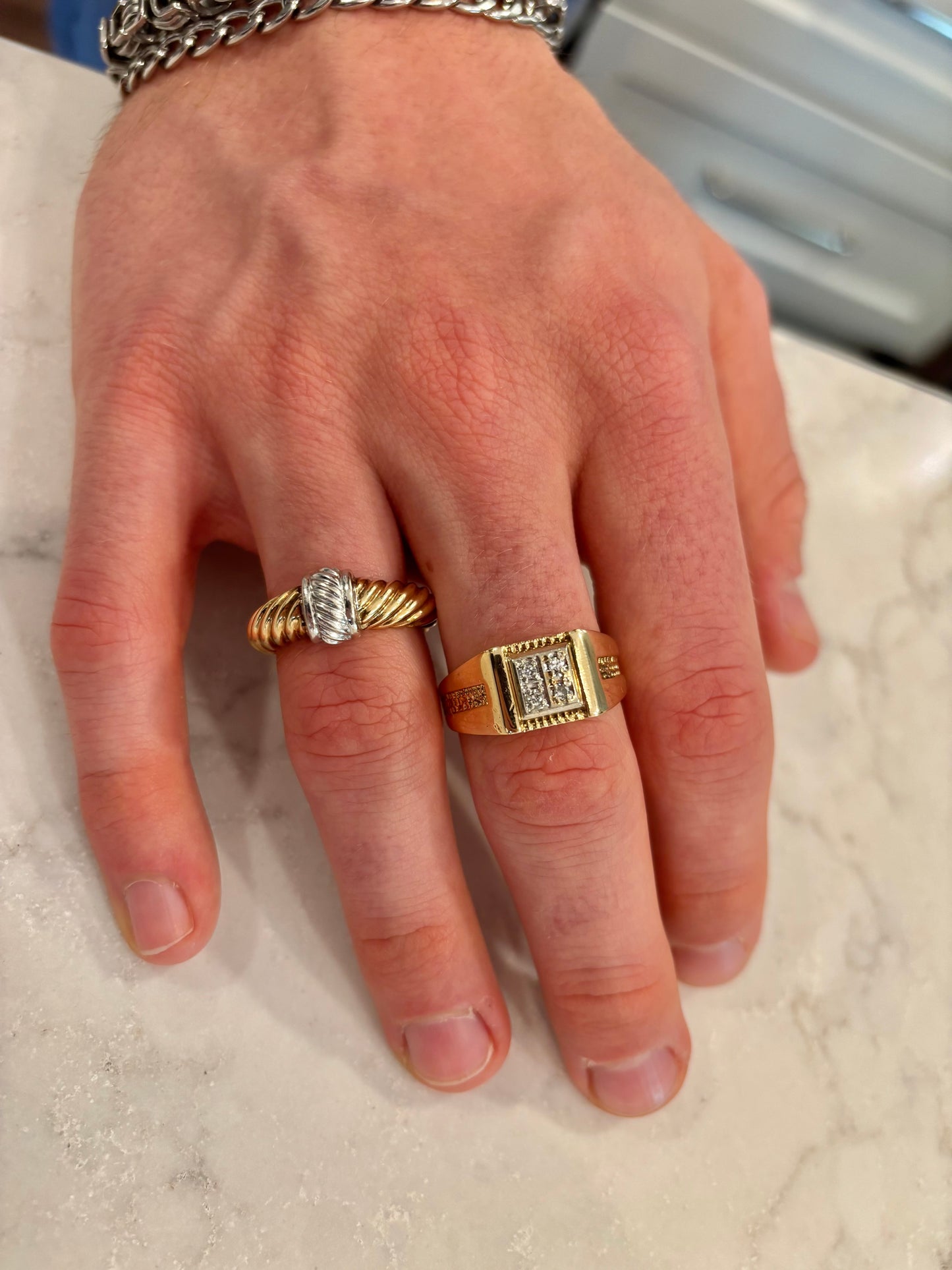 Vintage 14K Gold Square Diamond Cluster Men’s Detailed Ring – Bold Classic Style