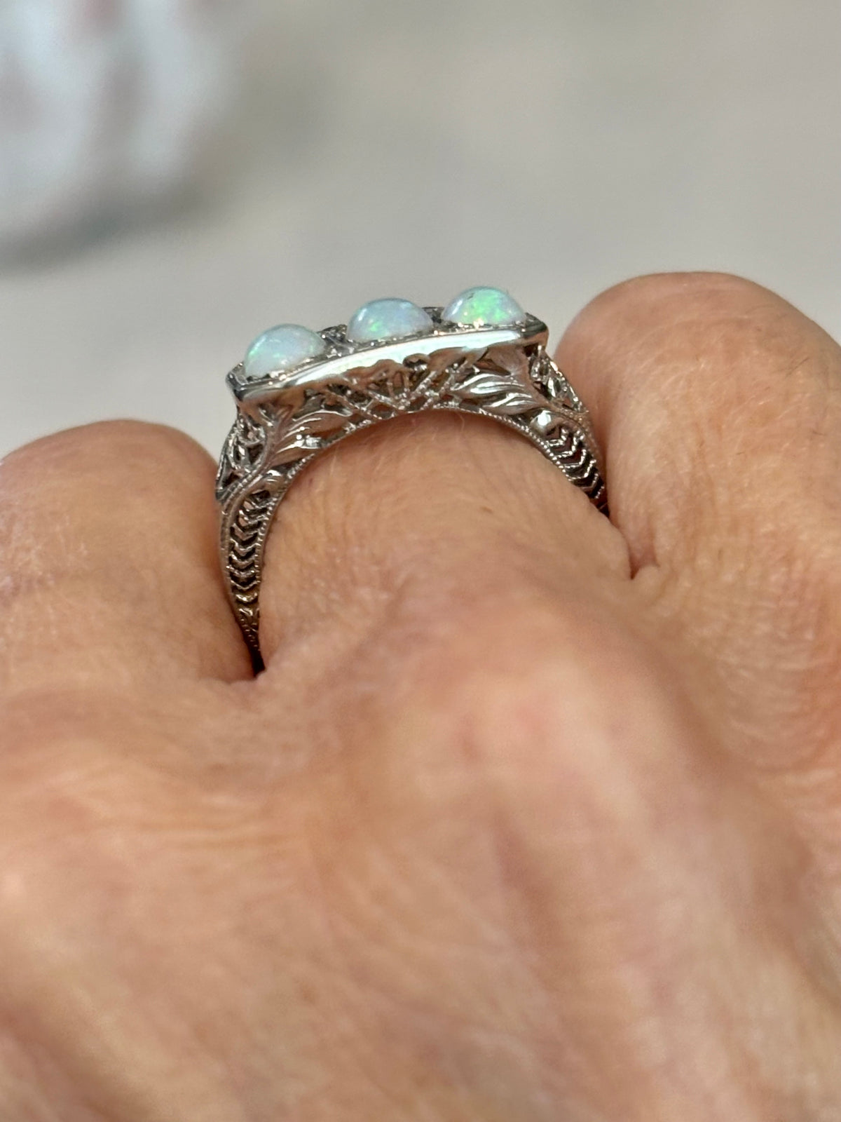Vintage Three-Stone Natural Opal Ring, Diamond Accents, Art Deco Filigree Setting, 14K White Gold