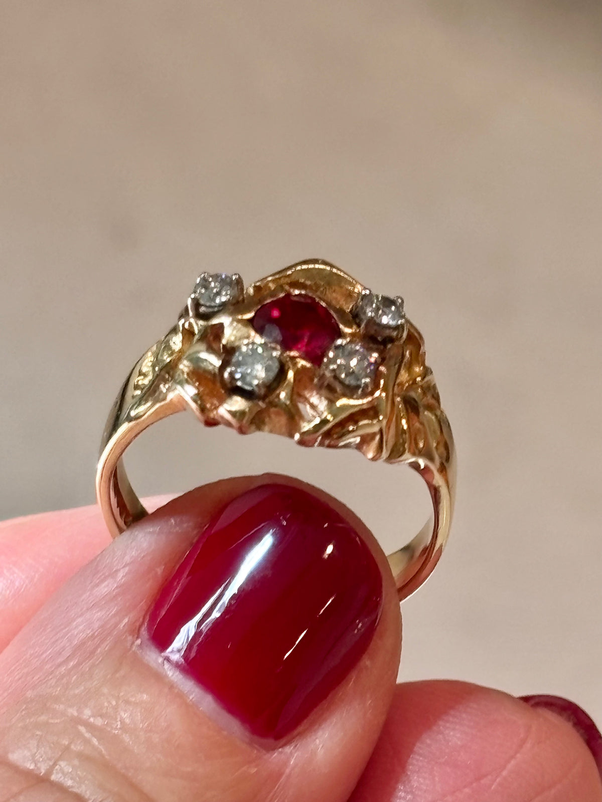 Vintage 14K Gold Ruby Diamond Cocktail Ring | Estate Fine Jewelry