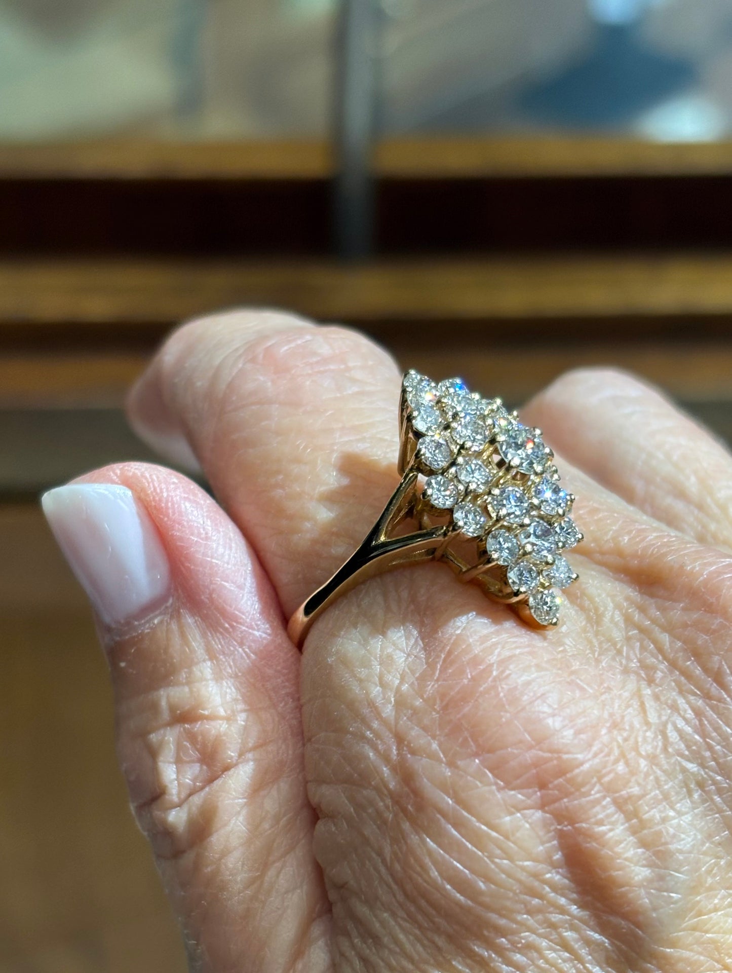 Vintage 14K Yellow Gold Natural 3 Carat Diamond Cluster Marquise Statement Cocktail Ring