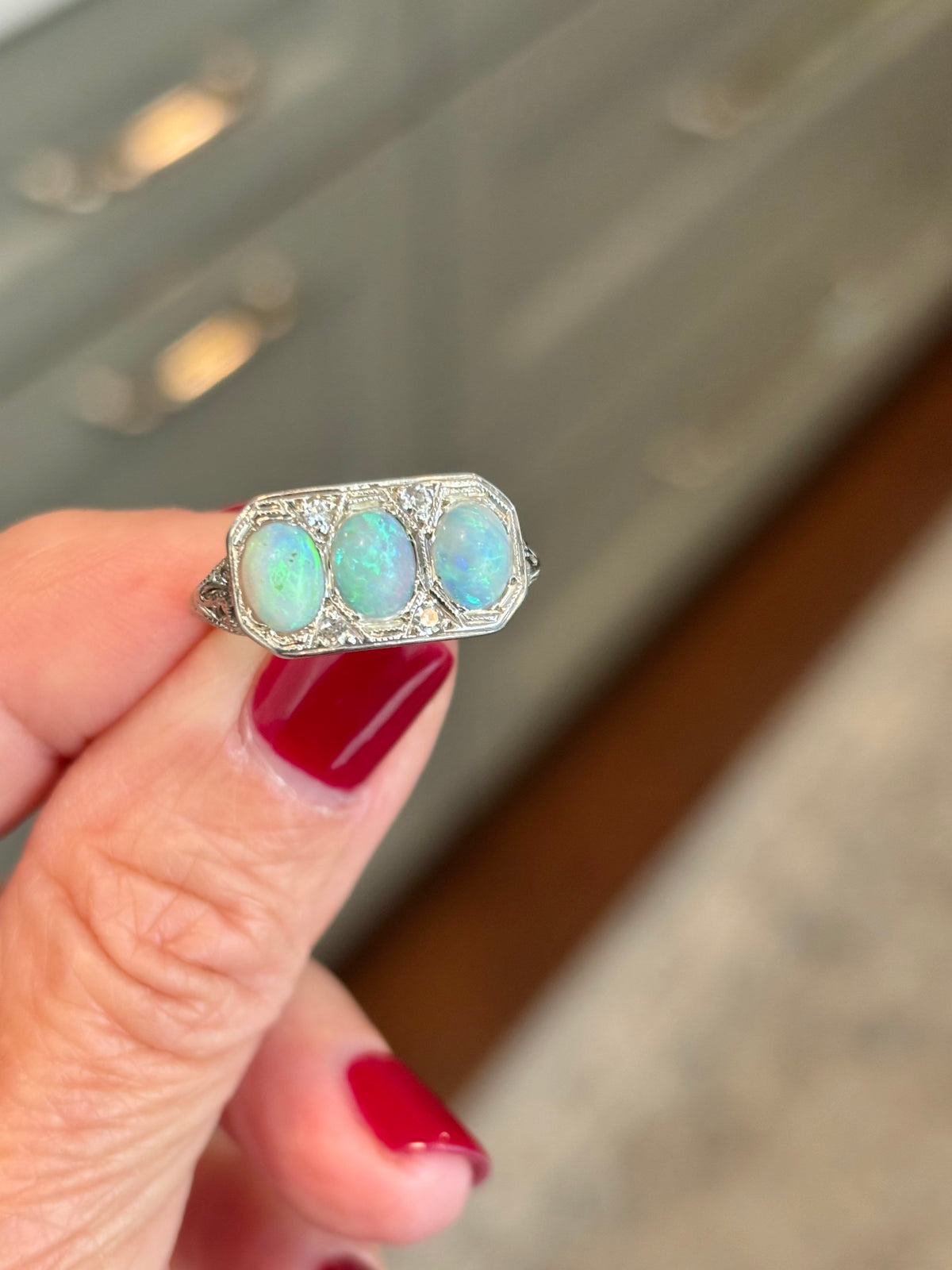 Vintage Three-Stone Natural Opal Ring, Diamond Accents, Art Deco Filigree Setting, 14K White Gold