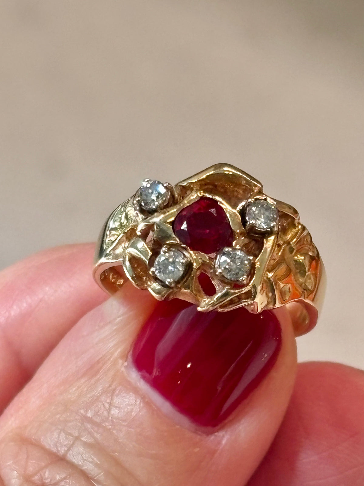 Vintage 14K Gold Ruby Diamond Cocktail Ring | Estate Fine Jewelry