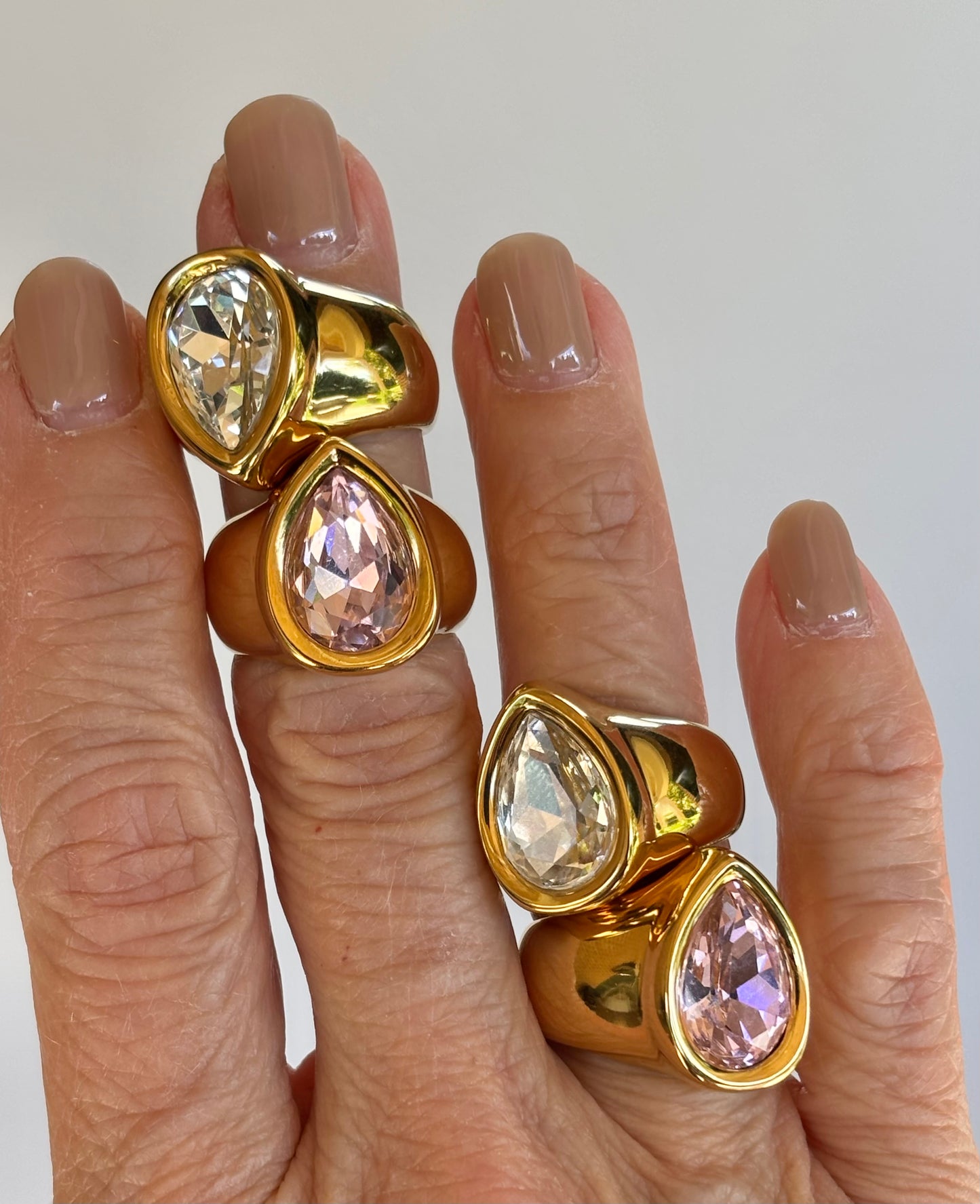 Pear Shaped Pink Crystal Statement Ring - gold plated