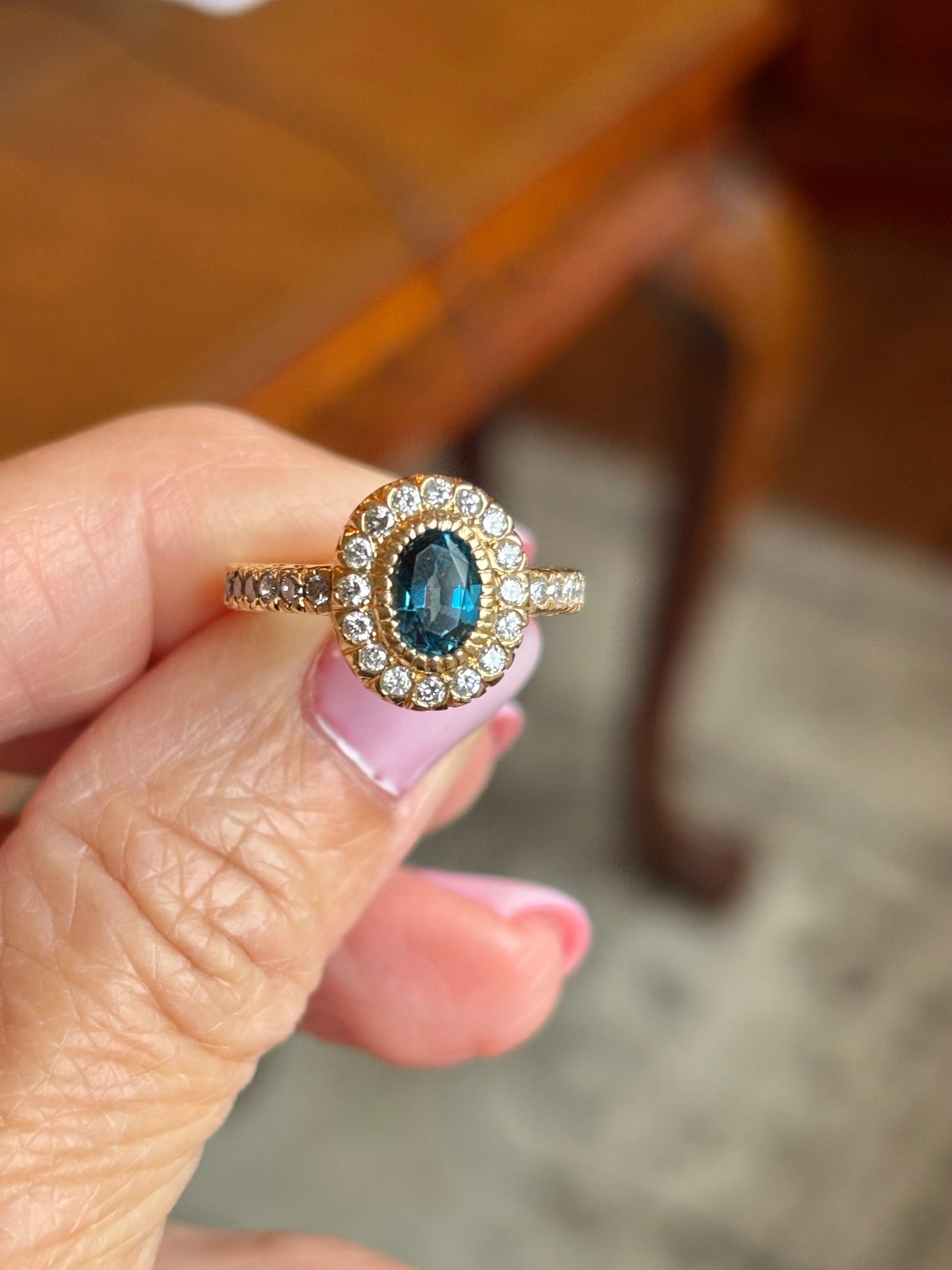 Custom London Topaz & Diamond Halo Ring in 14K Gold | One-of-a-Kind Statement Ring