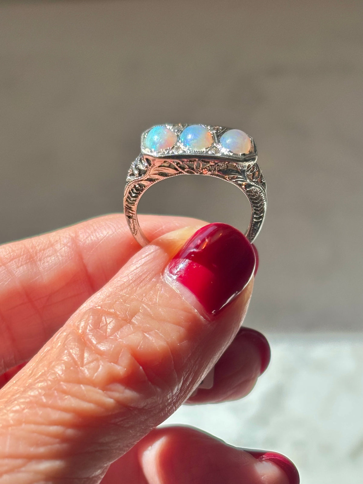 Vintage Three-Stone Natural Opal Ring, Diamond Accents, Art Deco Filigree Setting, 14K White Gold