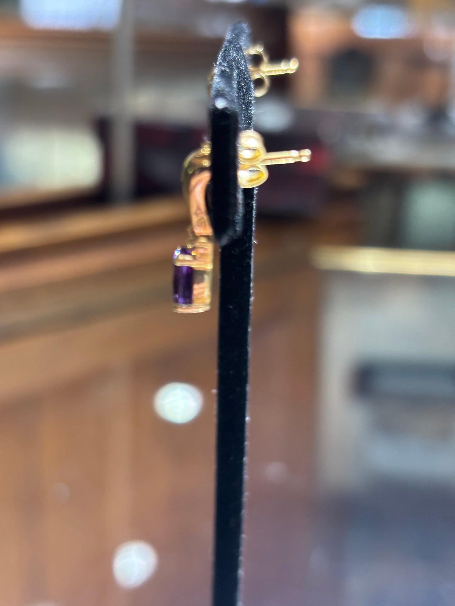 Vintage 14K Yellow Gold Oval Amethyst and Diamond Drop Post Earrings