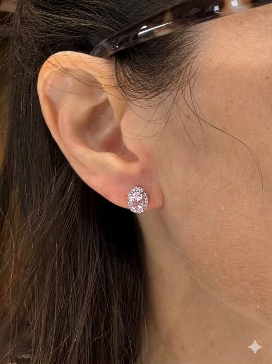 Vintage Pink Topaz & Diamond Halo Earrings in 14k White Gold