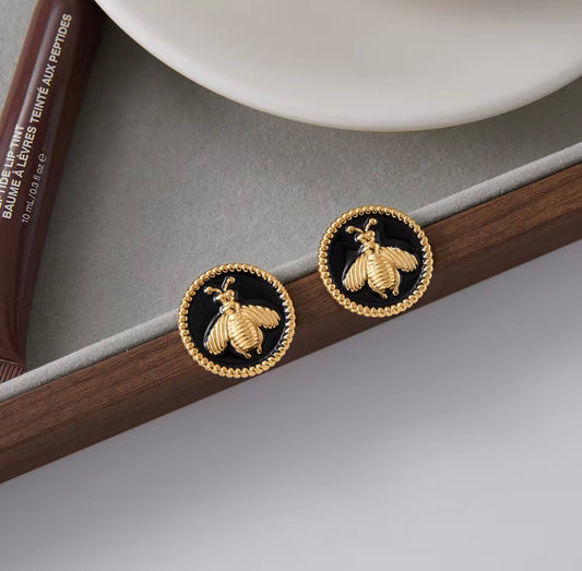 18K Gold Plated Bee Medallion Stud Earrings | Vintage-Inspired Honeybee Statement Earrings