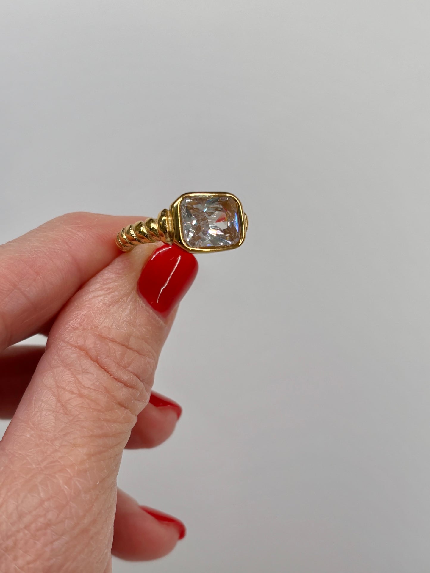 Vintage Gold Emerald-Cut Statement Ring | Bold Clear Stone Cocktail Ring | Classic Retro Style