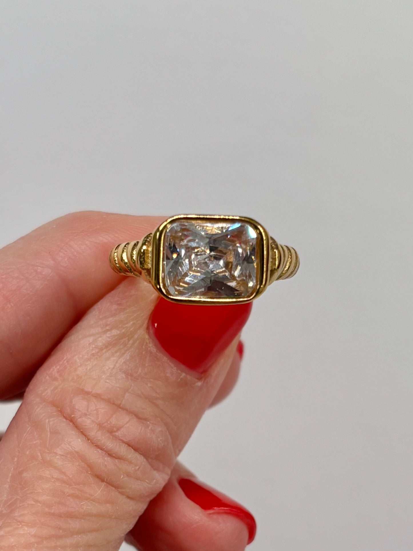 Vintage Gold Emerald-Cut Statement Ring | Bold Clear Stone Cocktail Ring | Classic Retro Style