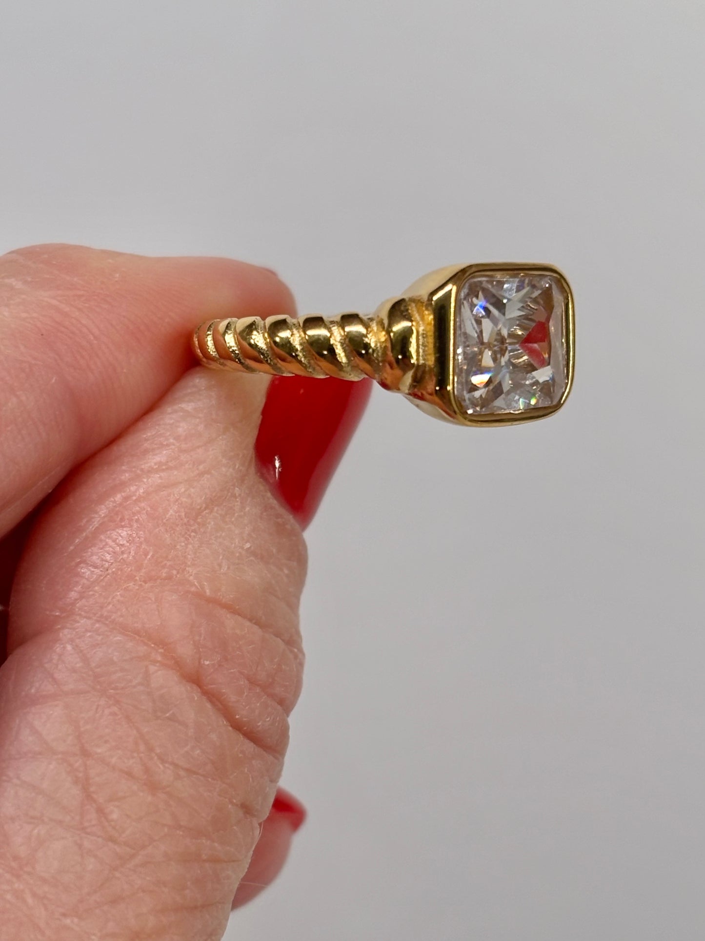 Vintage Gold Emerald-Cut Statement Ring | Bold Clear Stone Cocktail Ring | Classic Retro Style