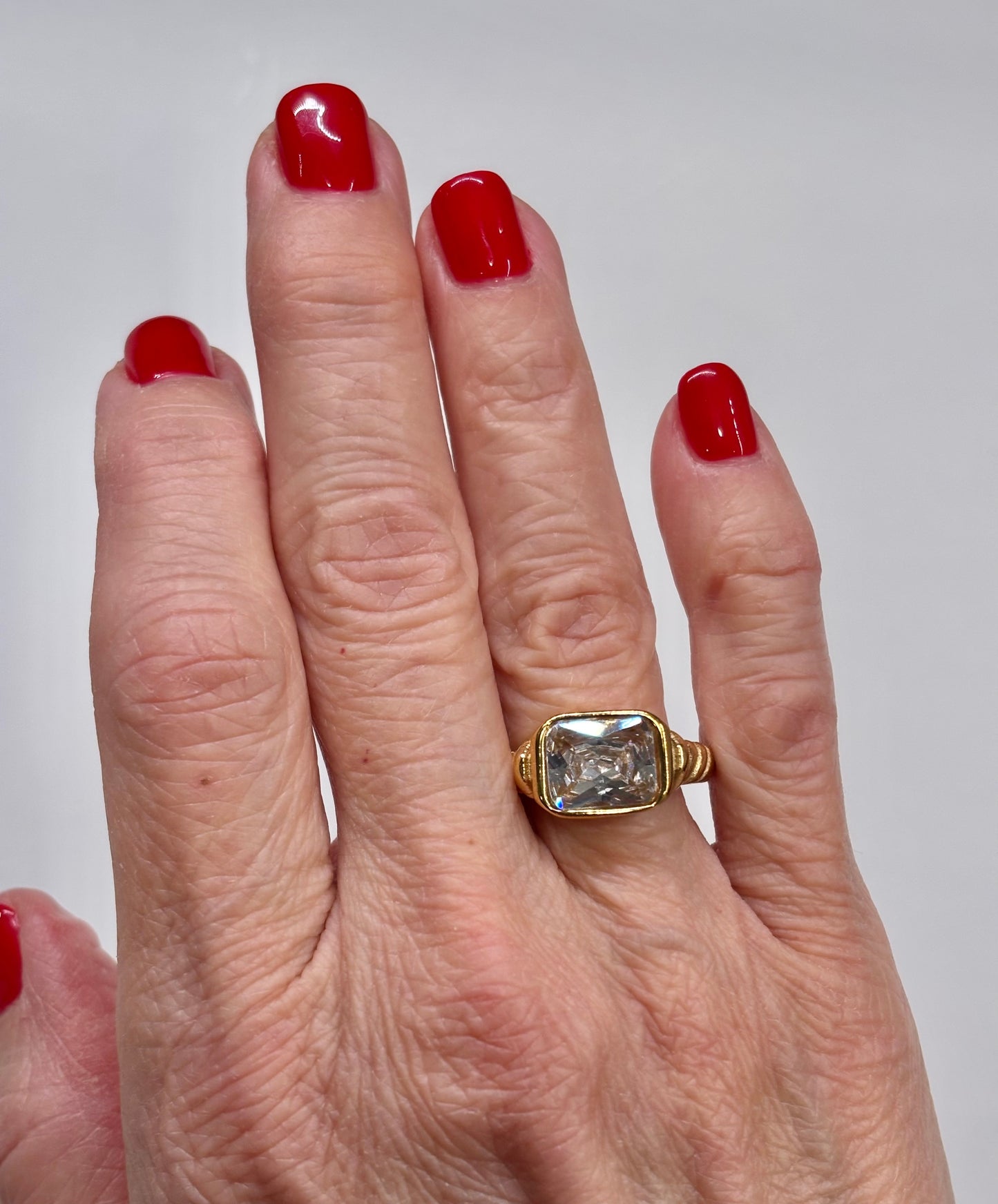 Vintage Gold Emerald-Cut Statement Ring | Bold Clear Stone Cocktail Ring | Classic Retro Style