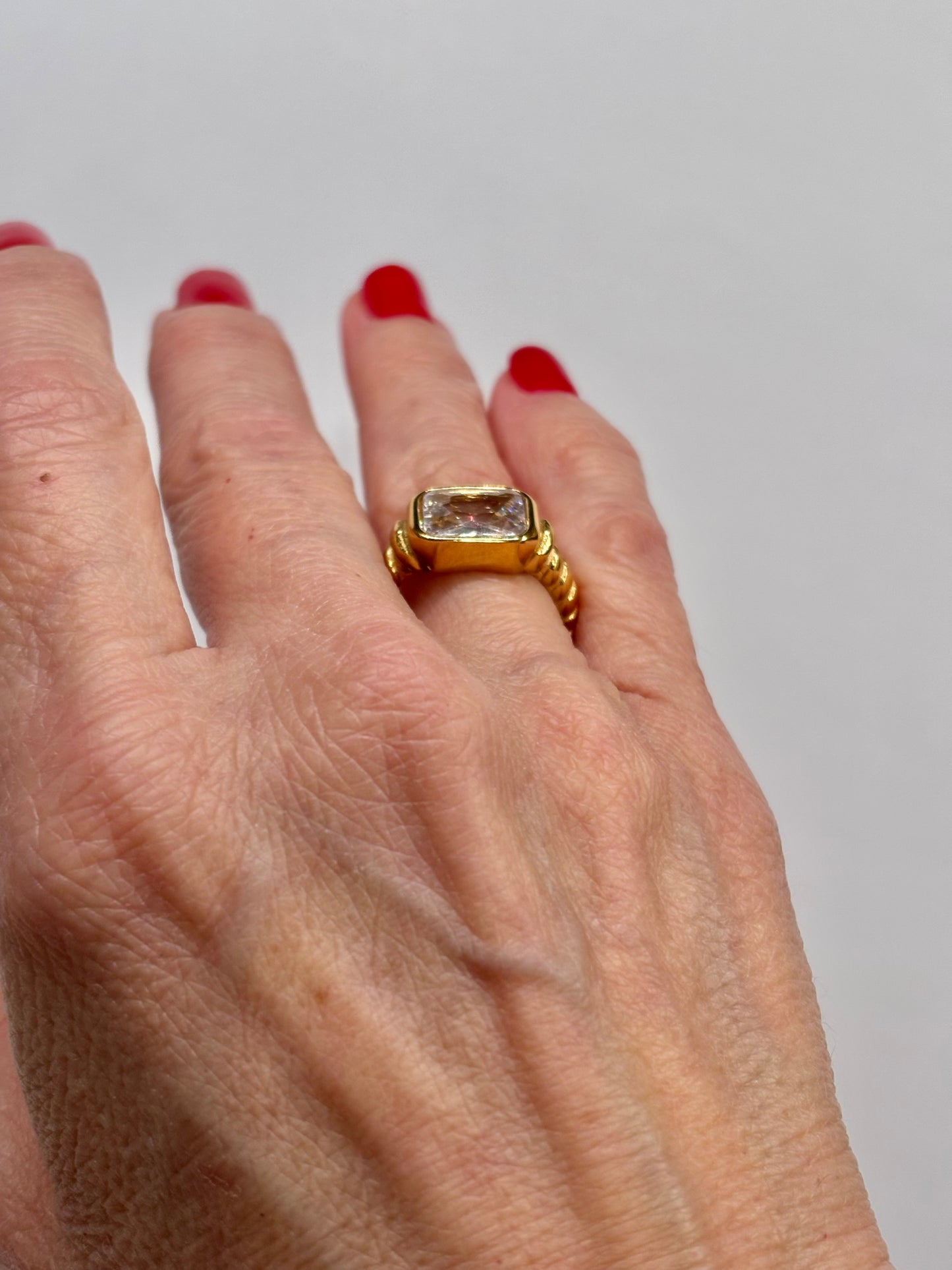Vintage Gold Emerald-Cut Statement Ring | Bold Clear Stone Cocktail Ring | Classic Retro Style