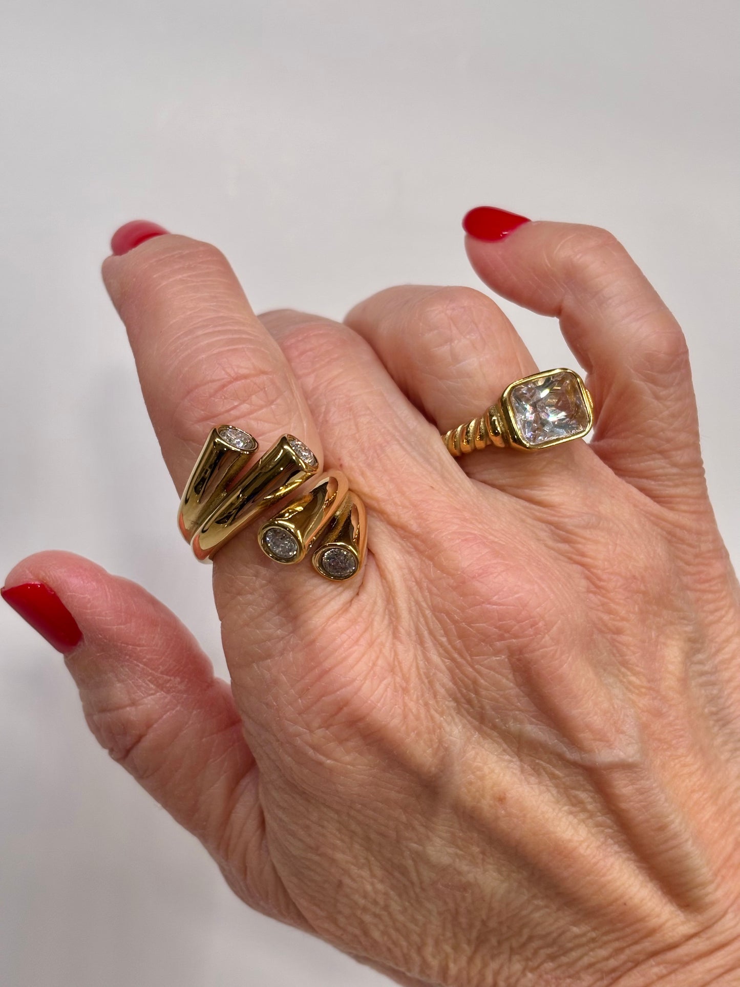 Vintage Gold Emerald-Cut Statement Ring | Bold Clear Stone Cocktail Ring | Classic Retro Style