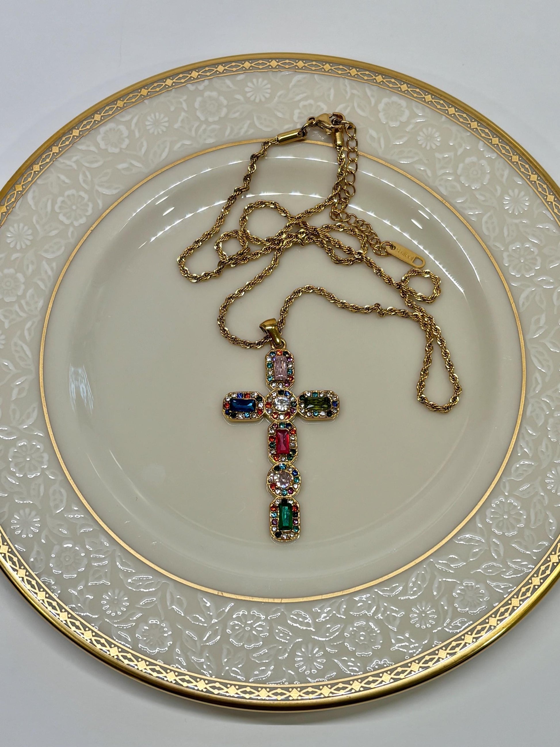 Large Bejeweled Cross Pendant Necklace