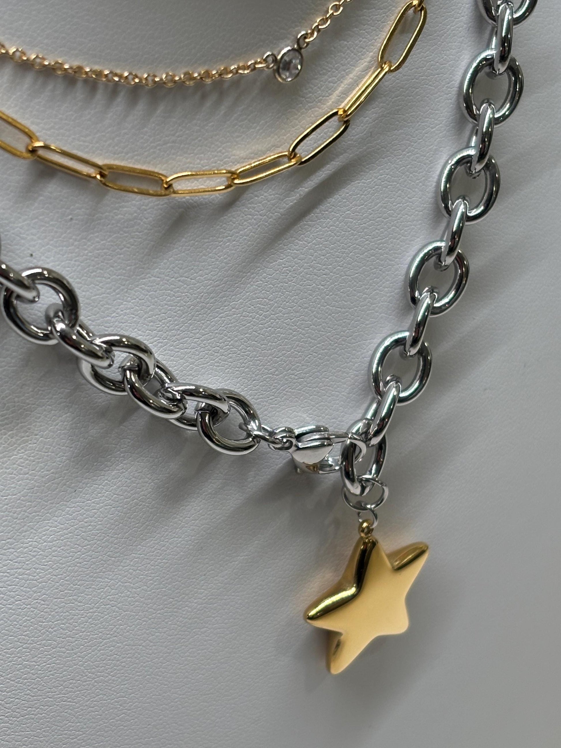 Mixed Metal Chunky Star Necklace PVD Gold Plate