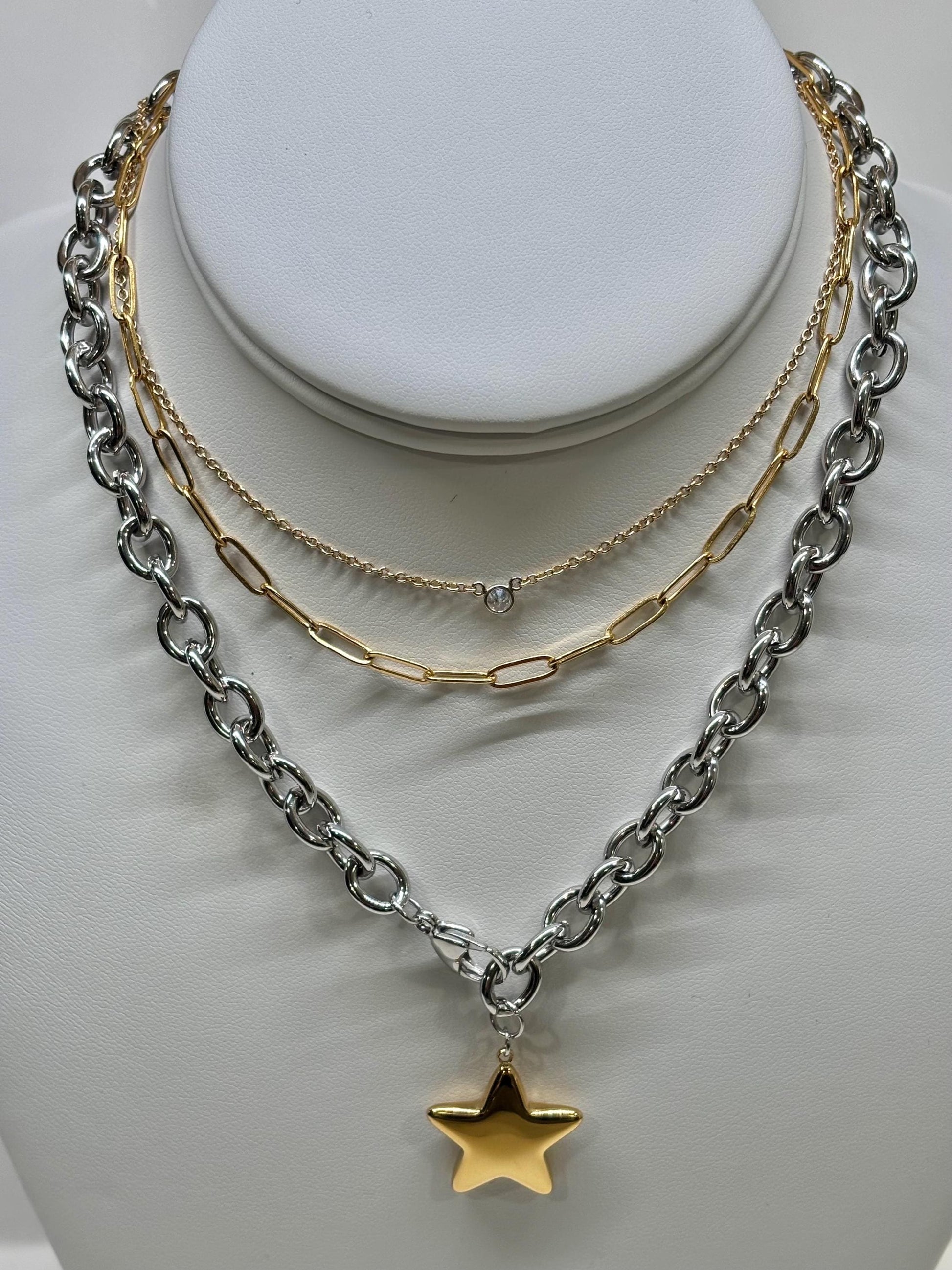 Mixed Metal Chunky Star Necklace PVD Gold Plate