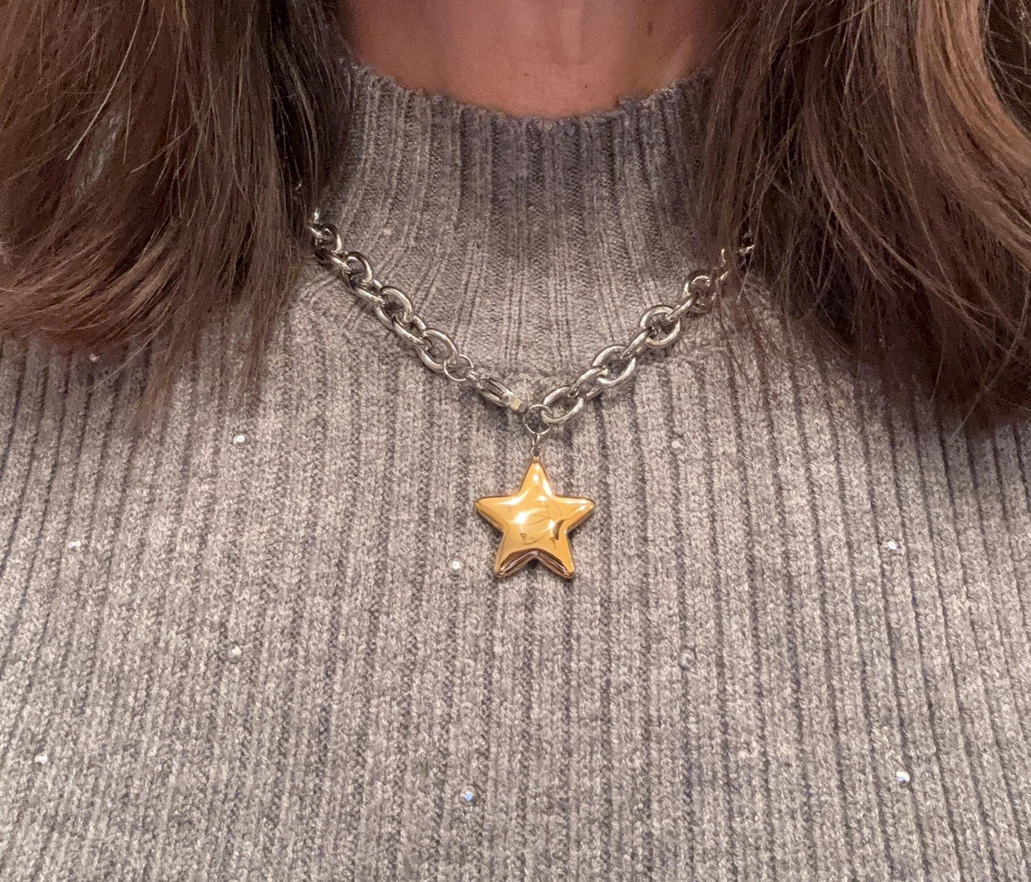 Mixed Metal Chunky Star Necklace PVD Gold Plate
