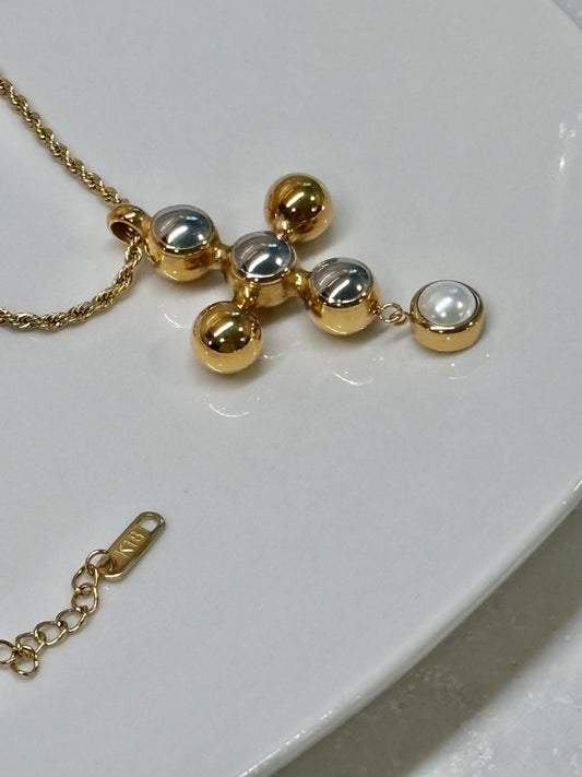 Mixed Metal Pearl Cross Pendant Necklace