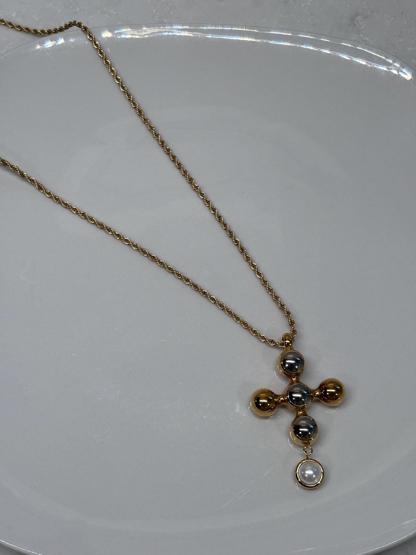 Mixed Metal Pearl Cross Pendant Necklace
