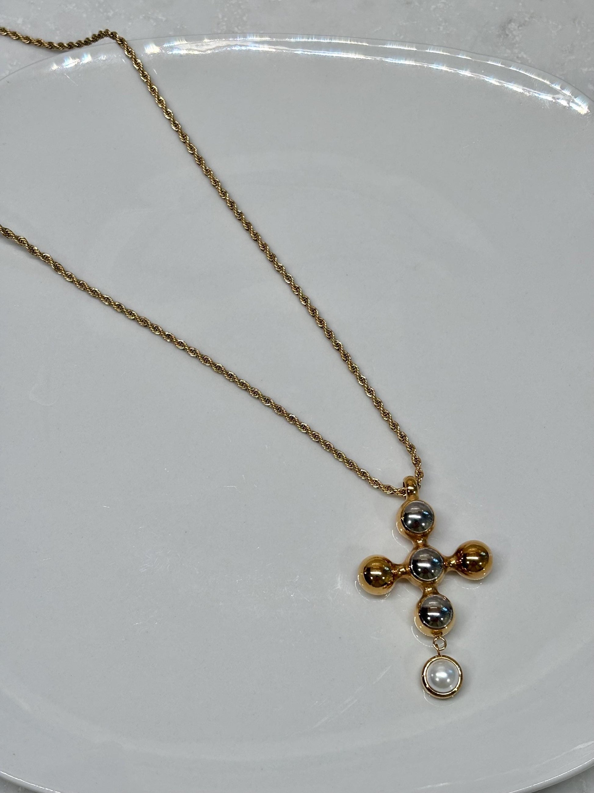 Mixed Metal Pearl Cross Pendant Necklace