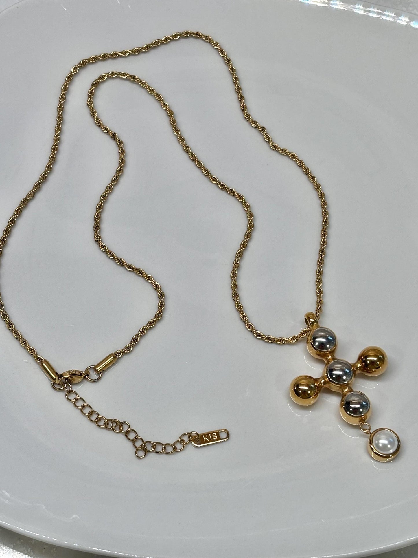 Mixed Metal Pearl Cross Pendant Necklace