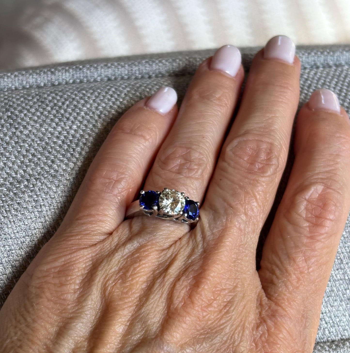 Moissanite Diamond & Sapphire Trio 14k white gold