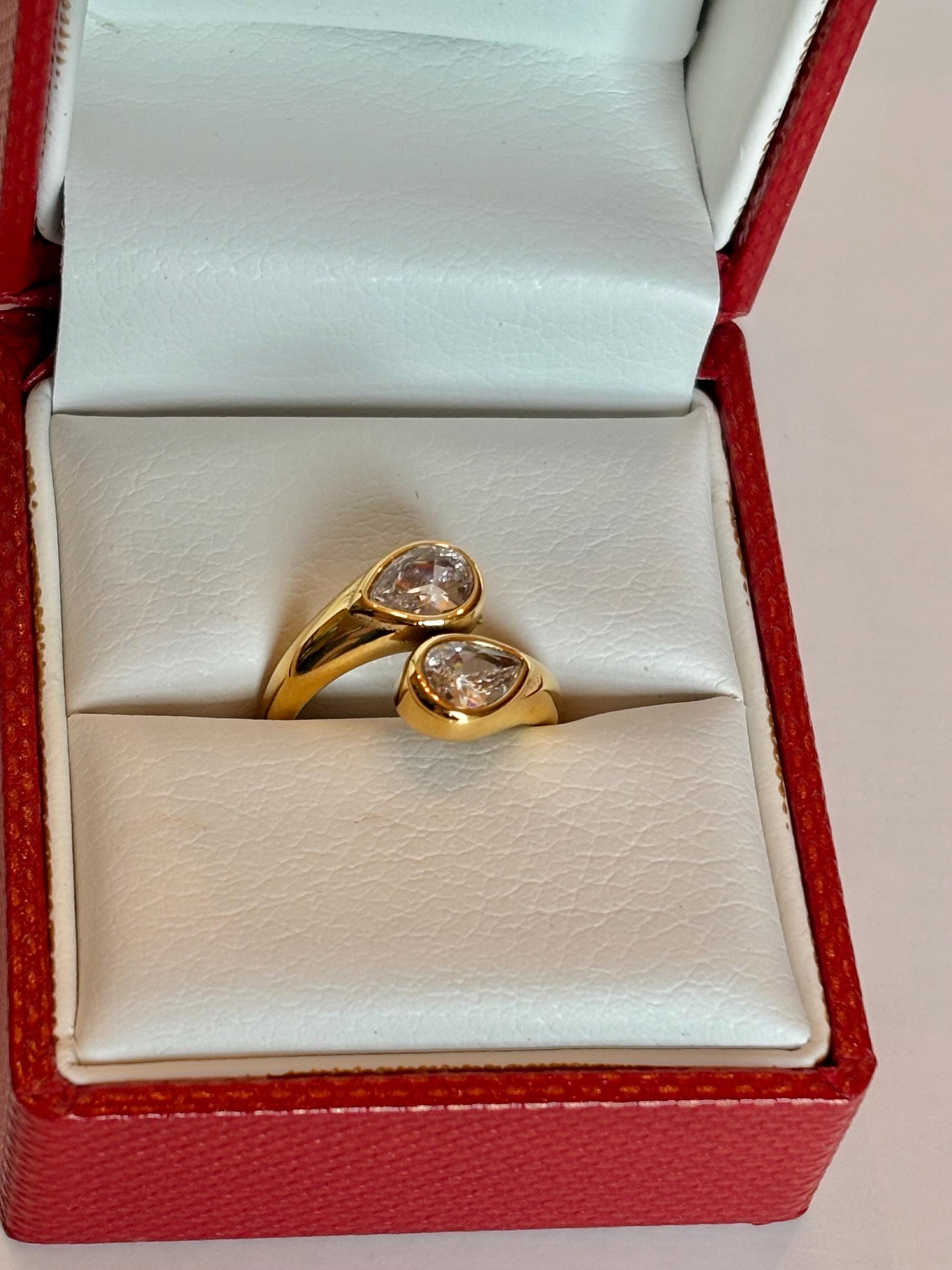 Two Stone Pear Drop Gold Ring PVD Gold Plate