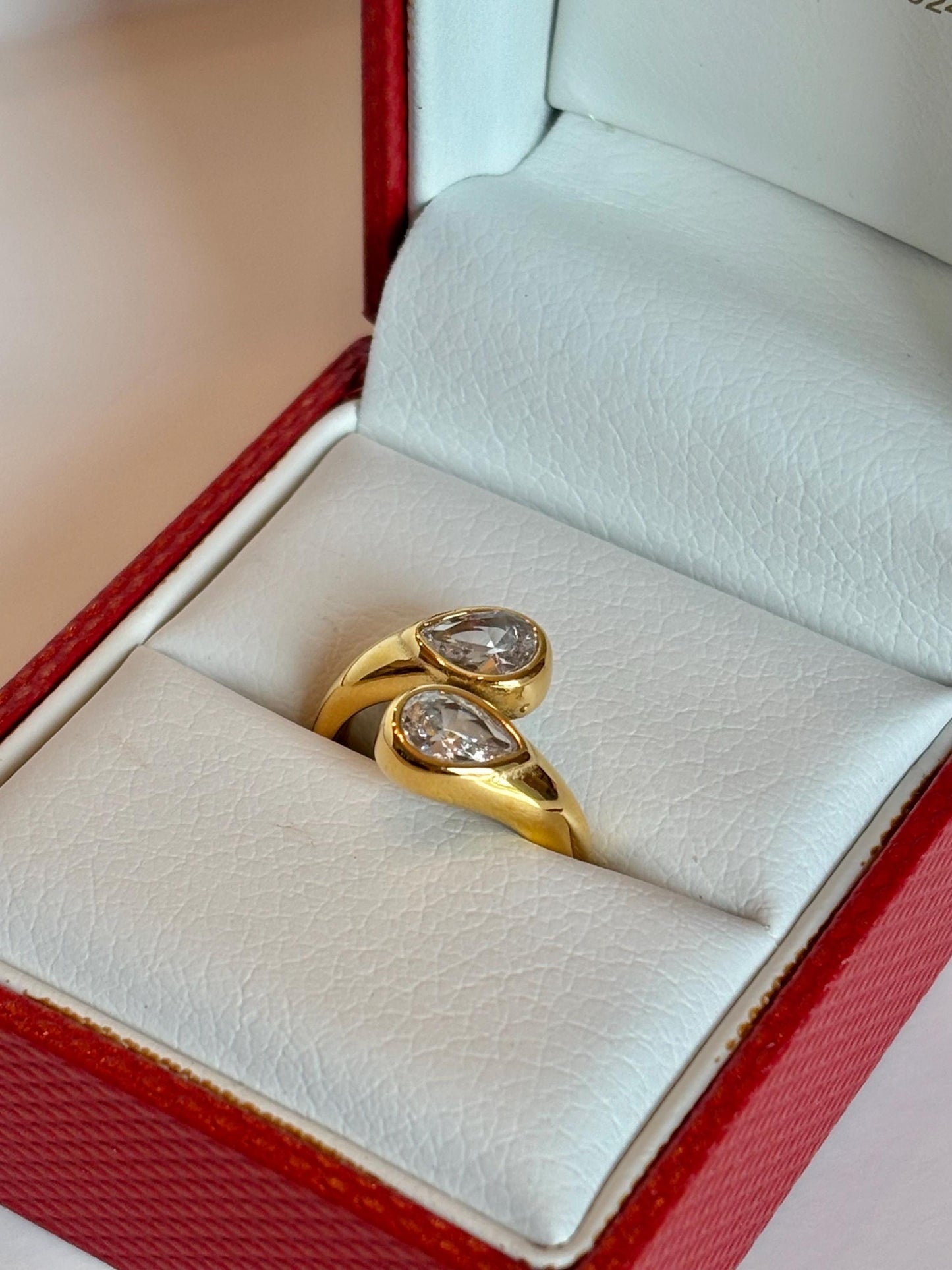 Two Stone Pear Drop Gold Ring PVD Gold Plate
