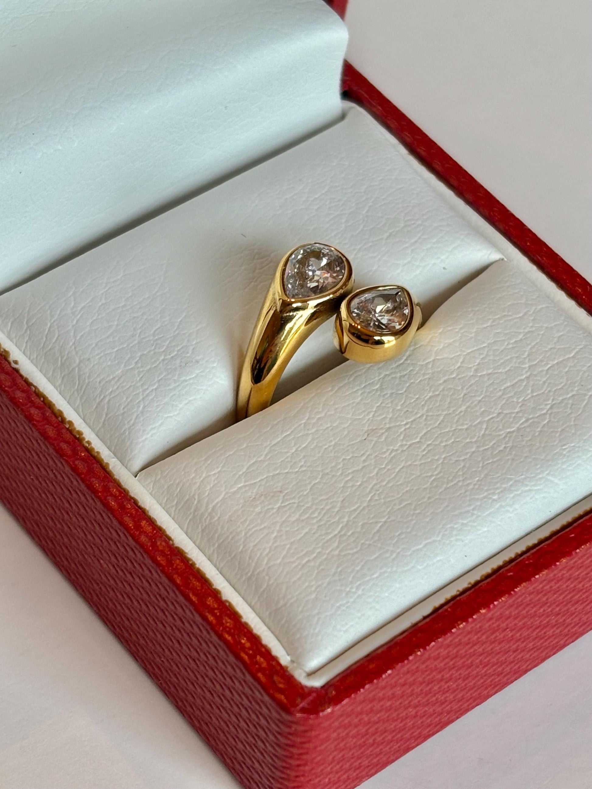 Two Stone Pear Drop Gold Ring PVD Gold Plate