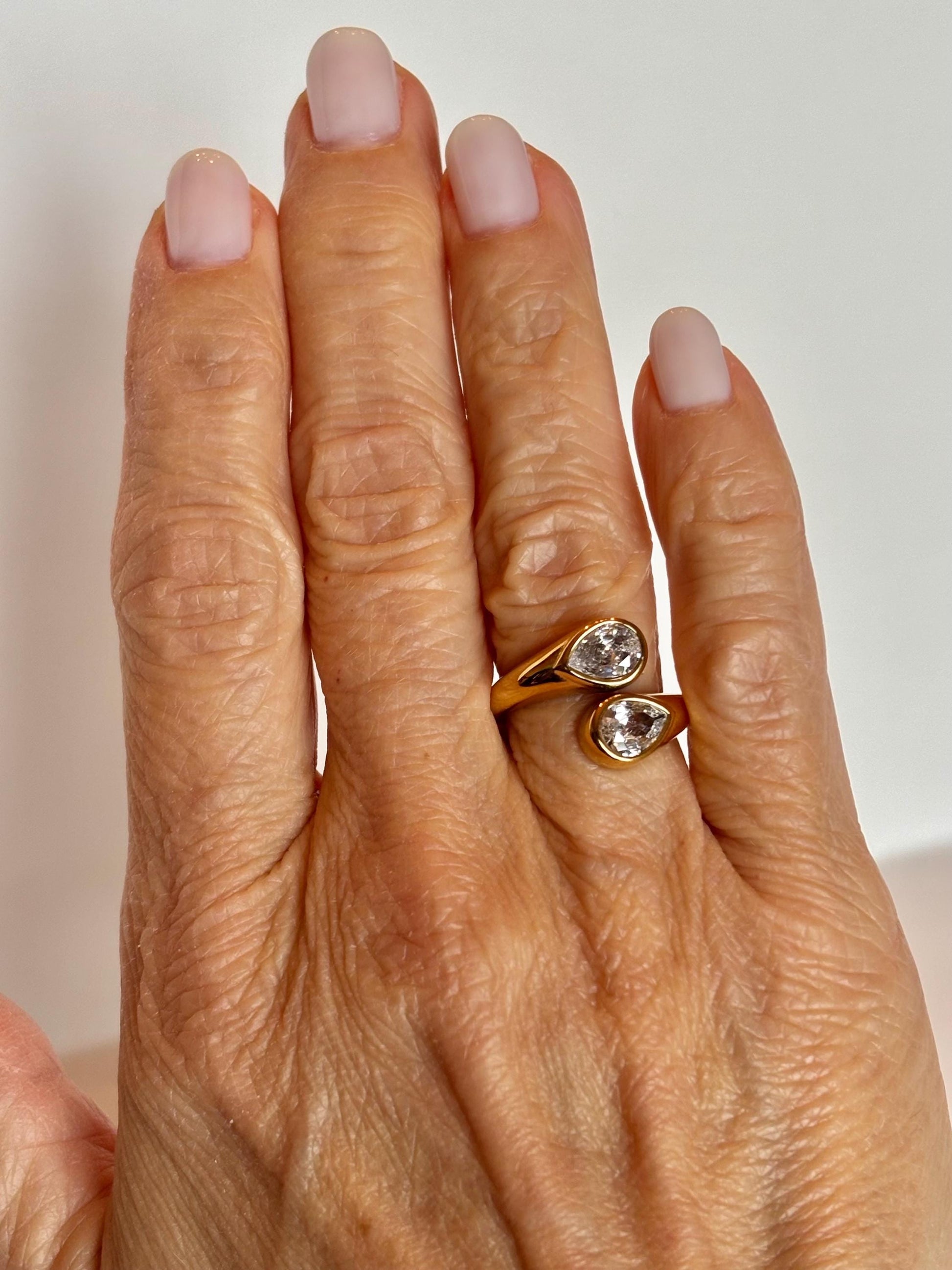 Two Stone Pear Drop Gold Ring PVD Gold Plate