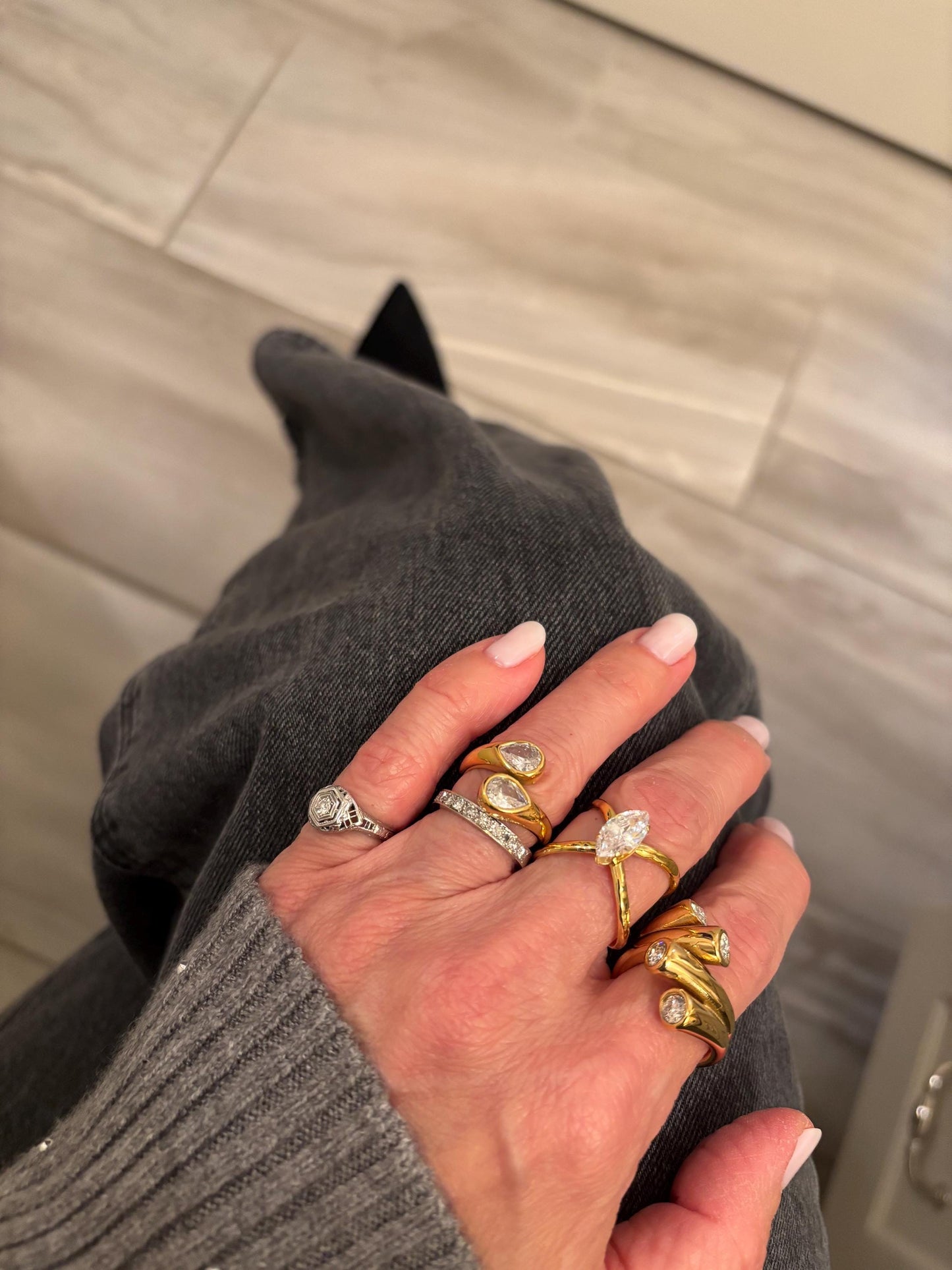 Two Stone Pear Drop Gold Ring PVD Gold Plate