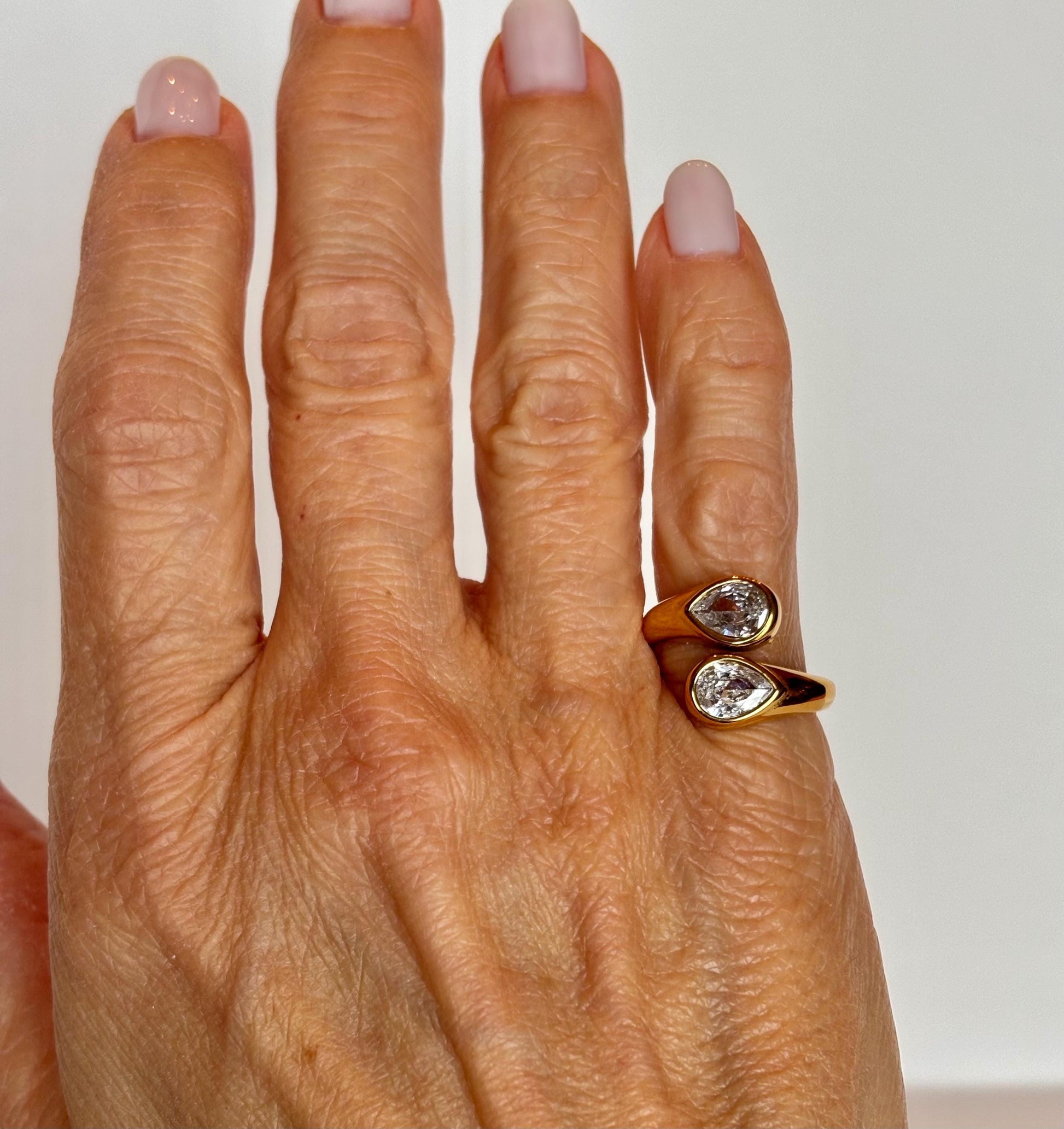 Two Stone Pear Drop Gold Ring PVD Gold Plate