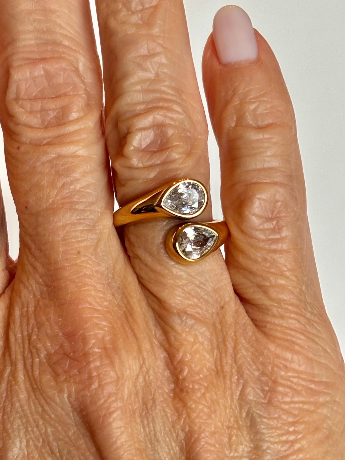 Two Stone Pear Drop Gold Ring PVD Gold Plate