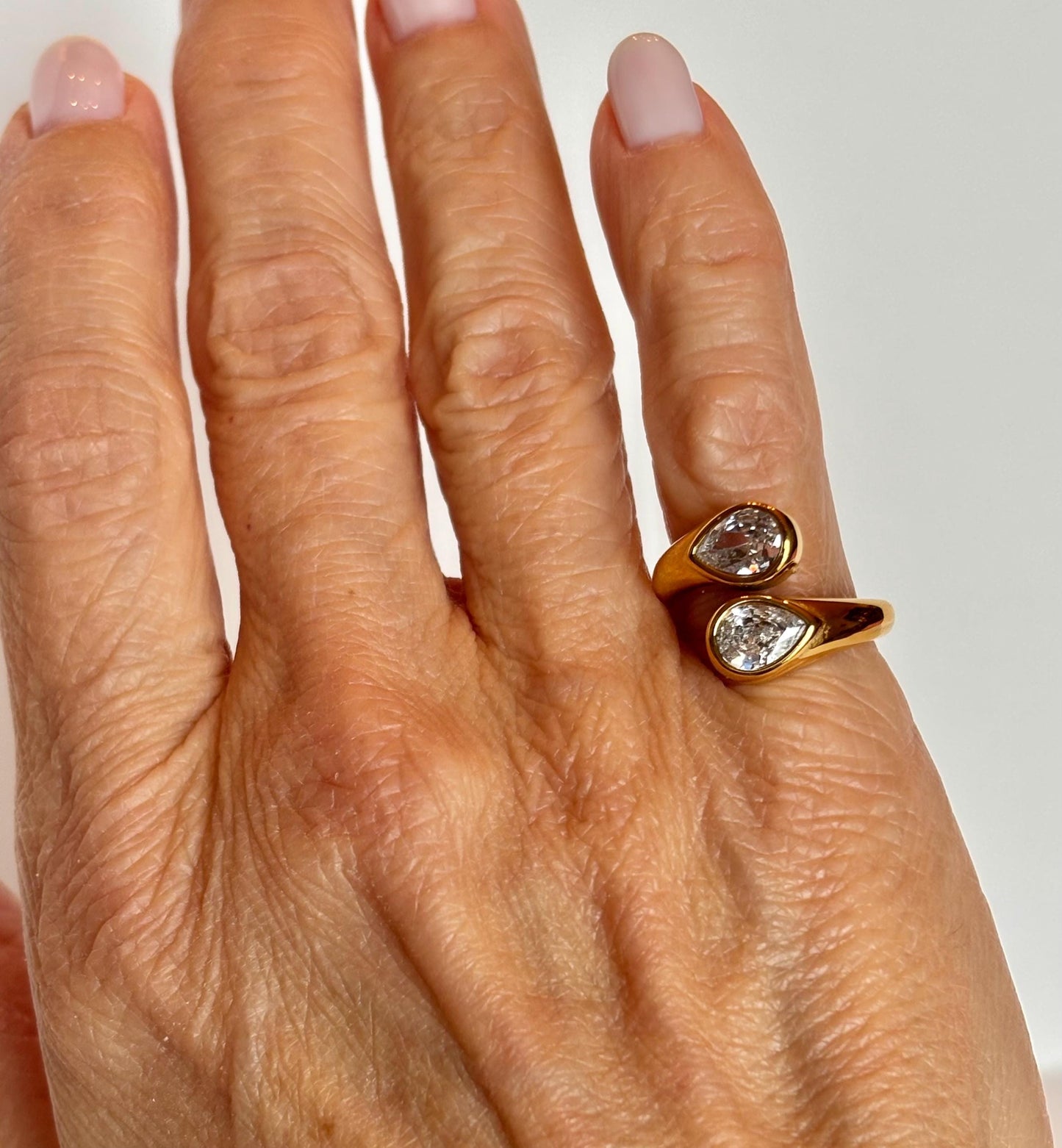 Two Stone Pear Drop Gold Ring PVD Gold Plate