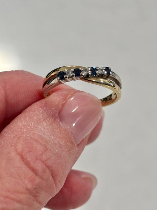 Vintage 10K Gold Sapphire Diamond Ring, Crossover Design, Mixed Metal