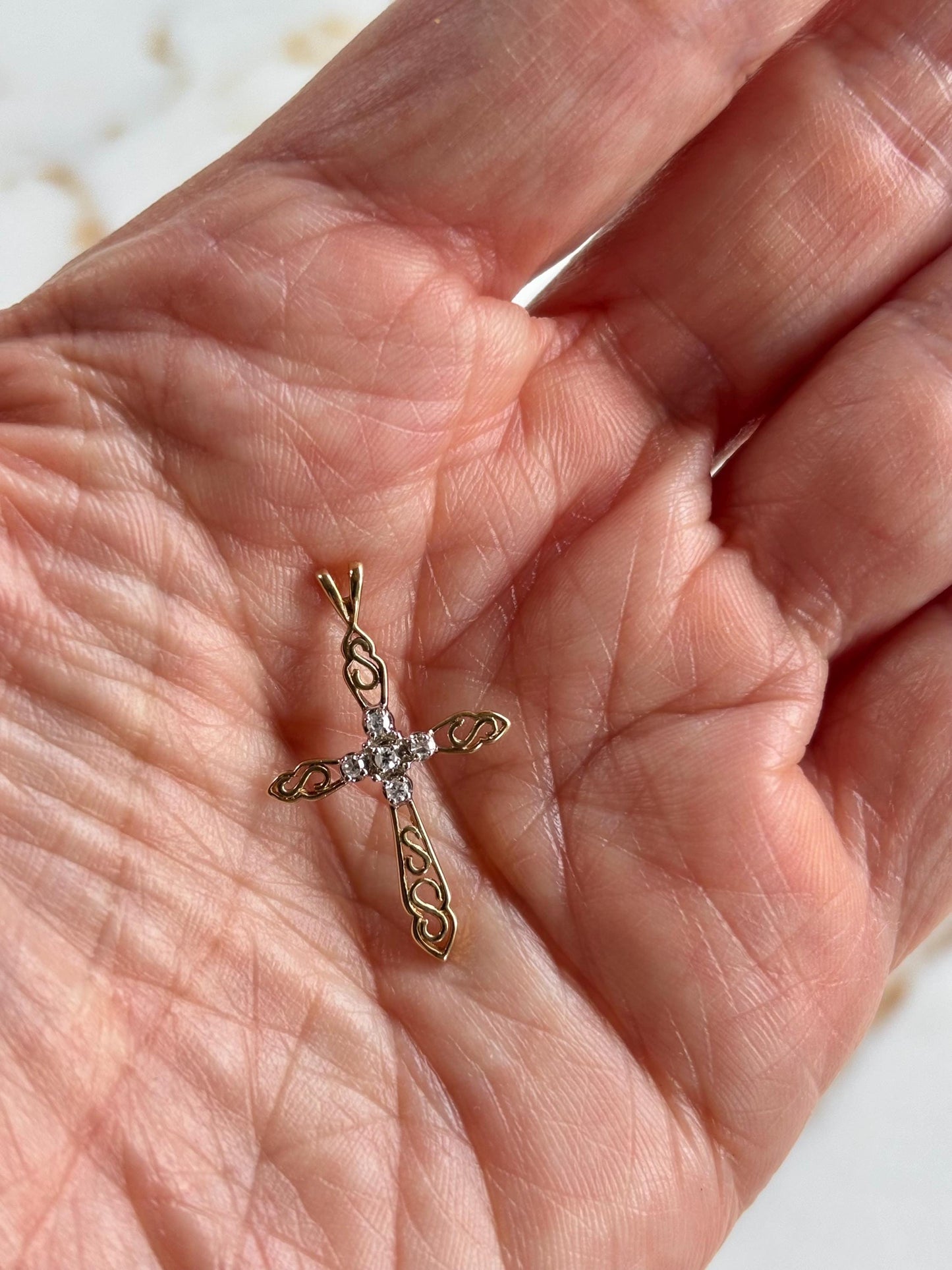 Vintage 14K Gold Cross Diamond Accents Pendant