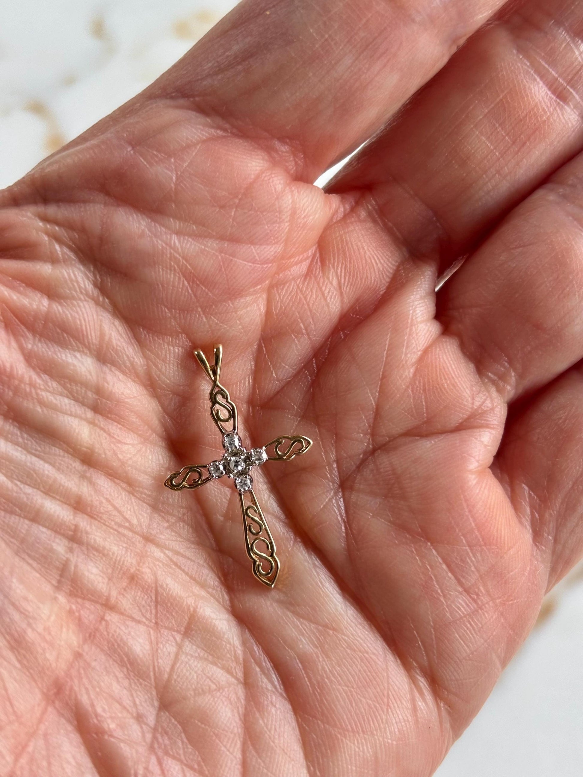 Vintage 14K Gold Cross Diamond Accents Pendant
