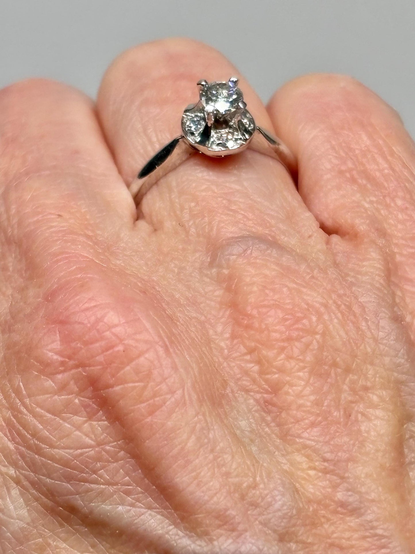 Vintage 14k White Gold Diamond Ring – Classic Mid-Century Solitaire with Halo Accent