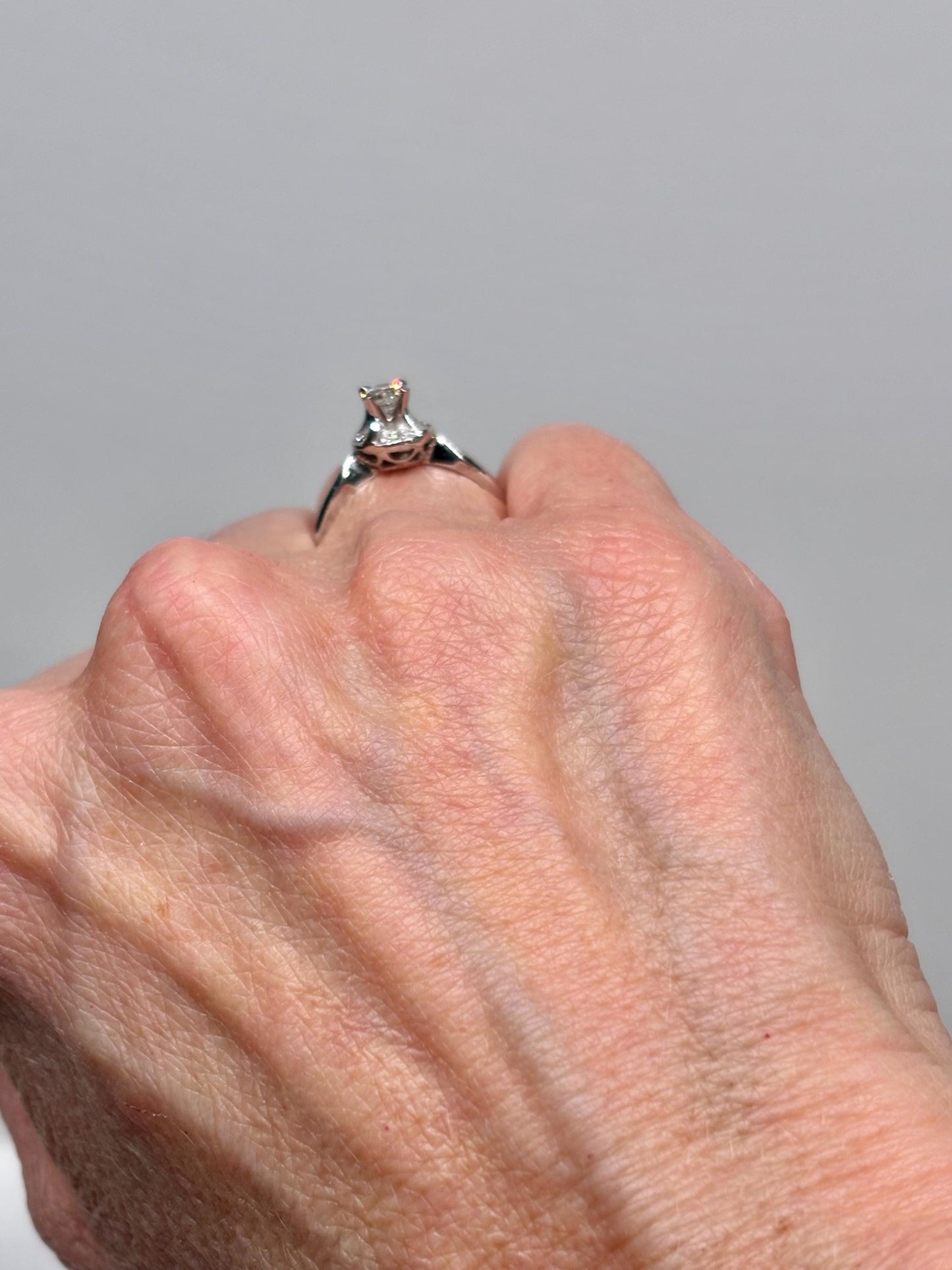 Vintage 14k White Gold Diamond Ring – Classic Mid-Century Solitaire with Halo Accent