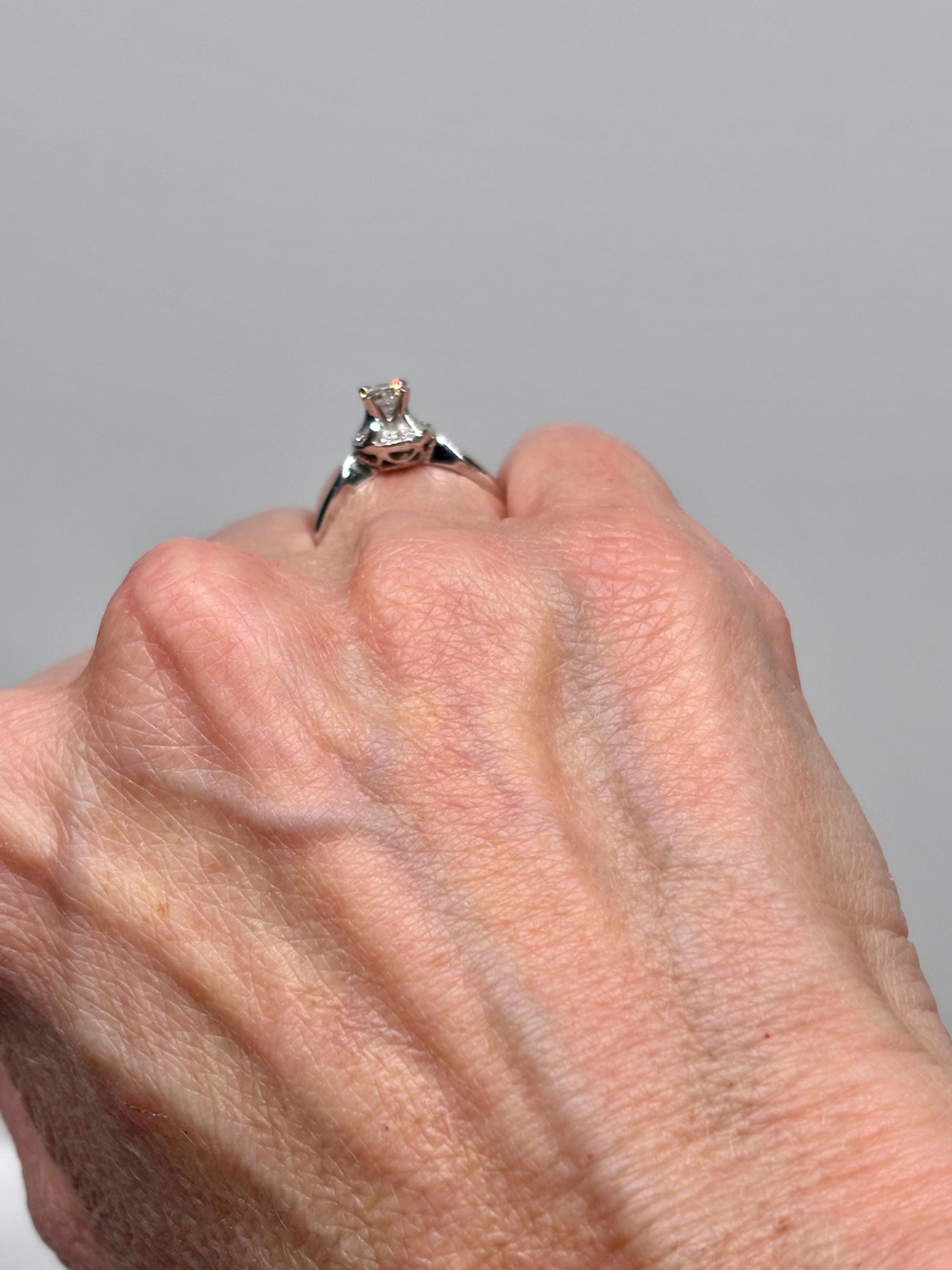 Vintage 14k White Gold Diamond Ring – Classic Mid-Century Solitaire with Halo Accent