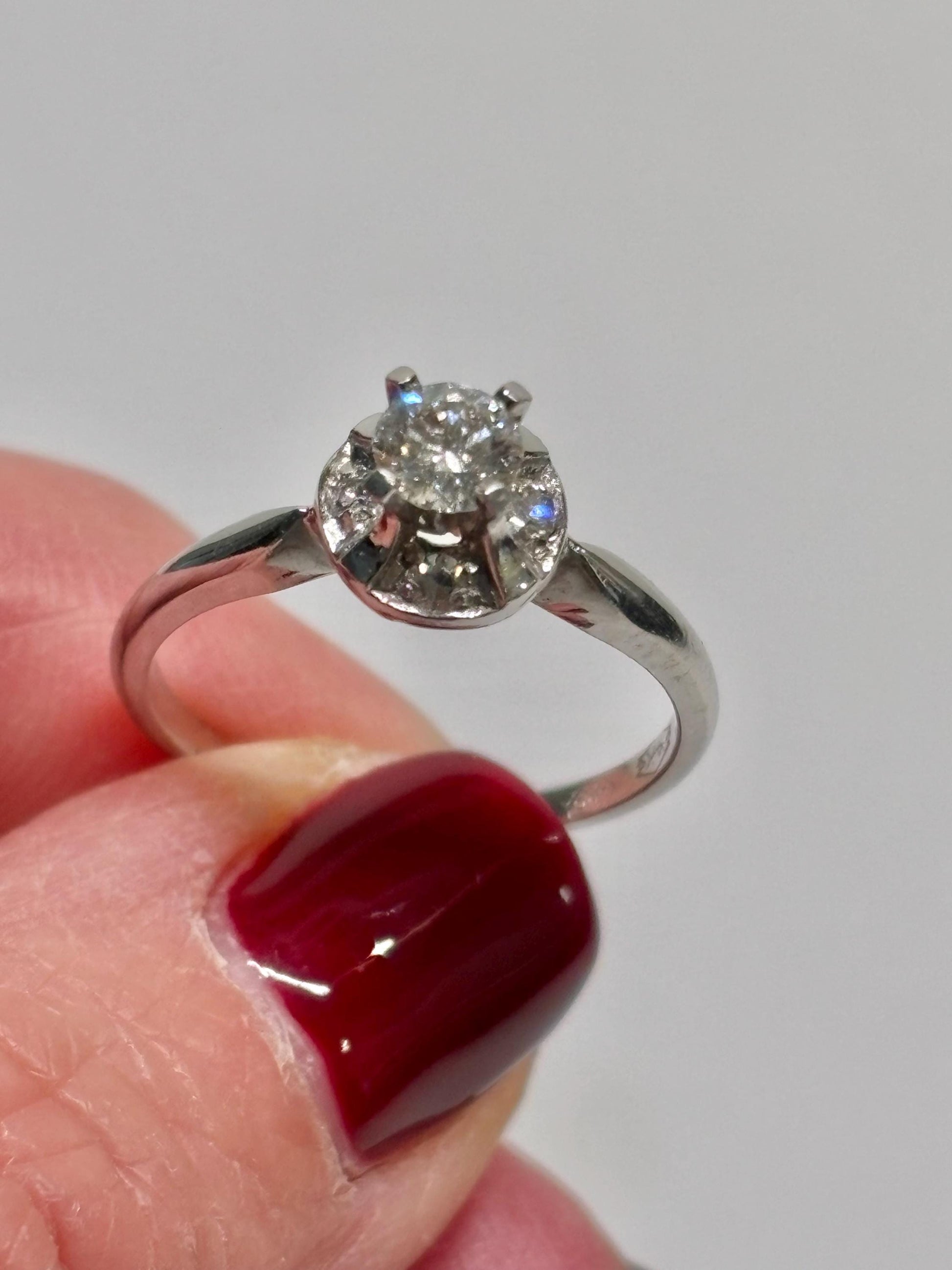 Vintage 14k White Gold Diamond Ring – Classic Mid-Century Solitaire with Halo Accent
