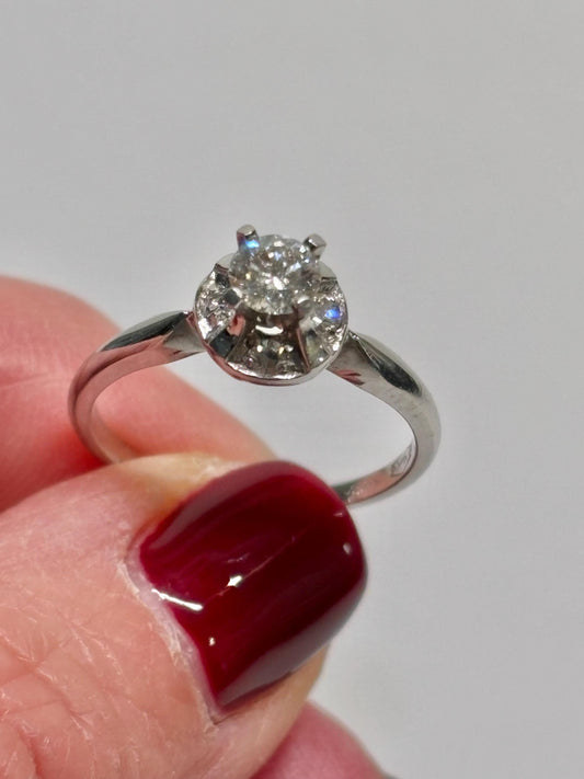 Vintage 14k White Gold Diamond Ring – Classic Mid-Century Solitaire with Halo Accent