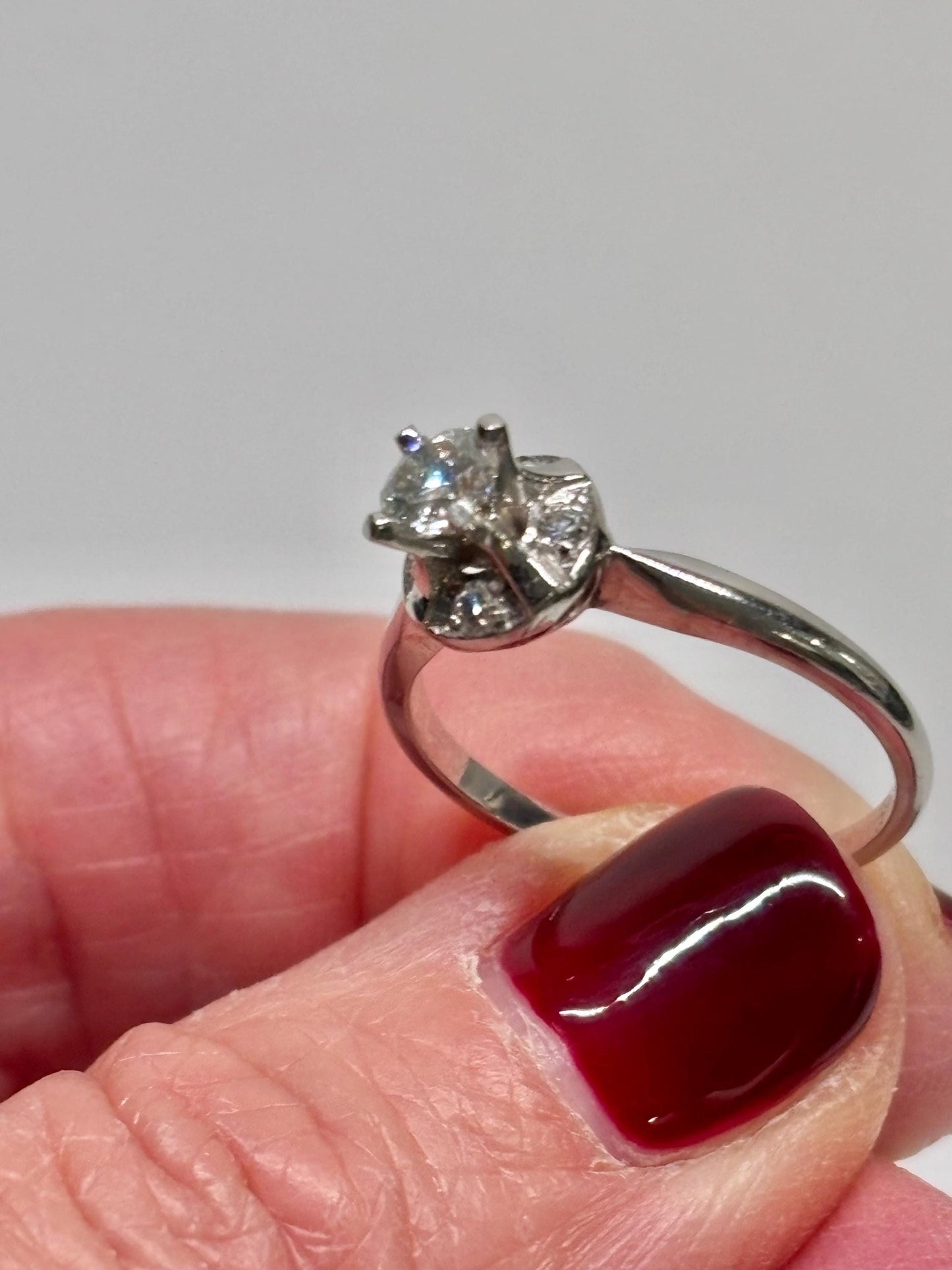 Vintage 14k White Gold Diamond Ring – Classic Mid-Century Solitaire with Halo Accent