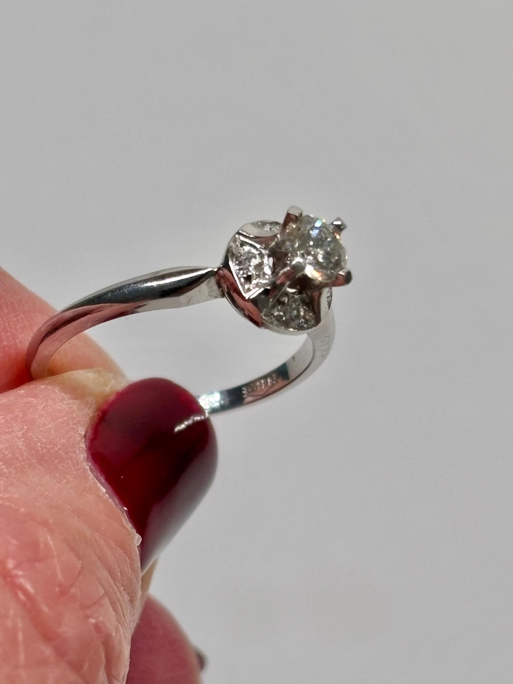 Vintage 14k White Gold Diamond Ring – Classic Mid-Century Solitaire with Halo Accent