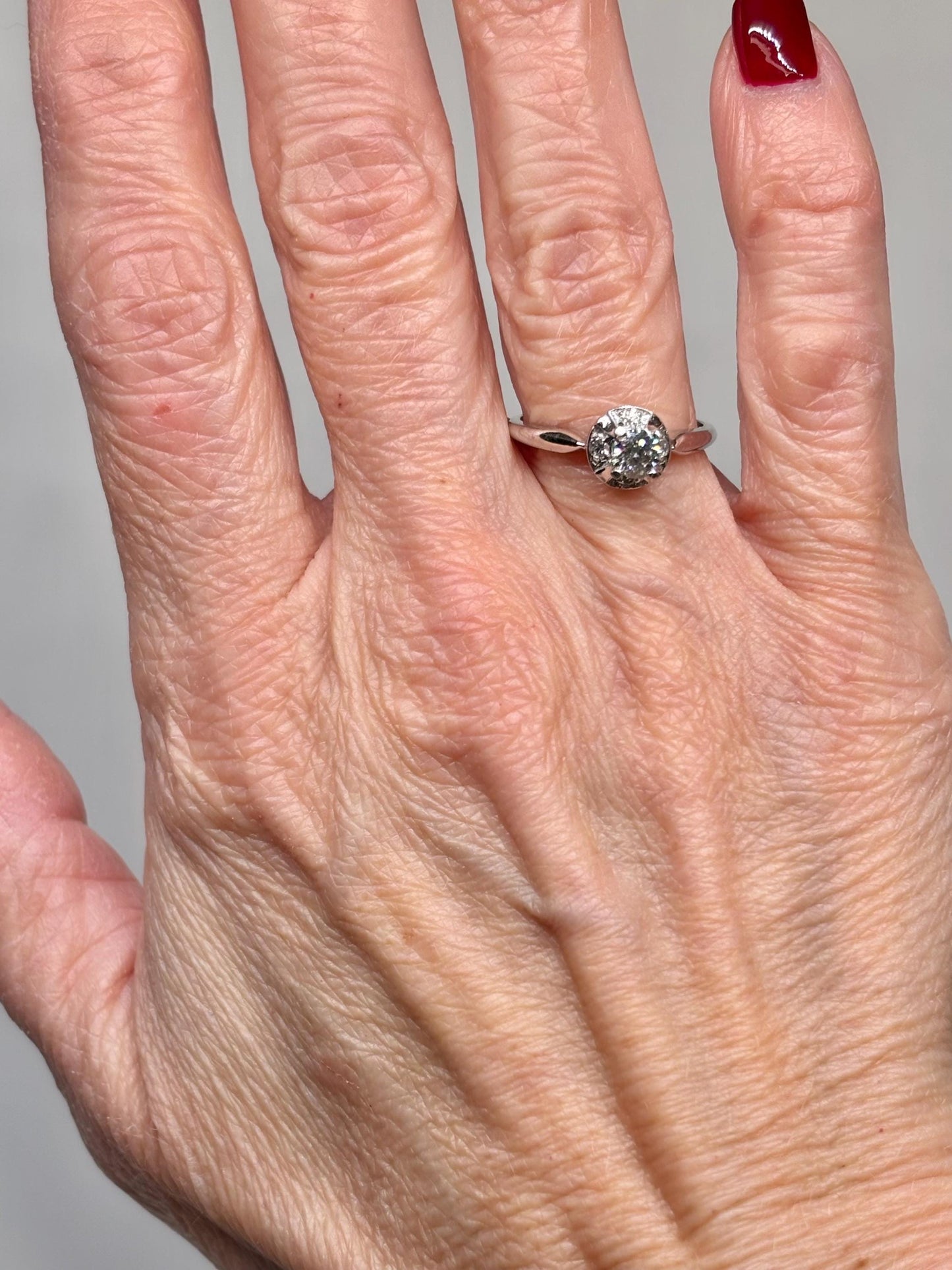 Vintage 14k White Gold Diamond Ring – Classic Mid-Century Solitaire with Halo Accent