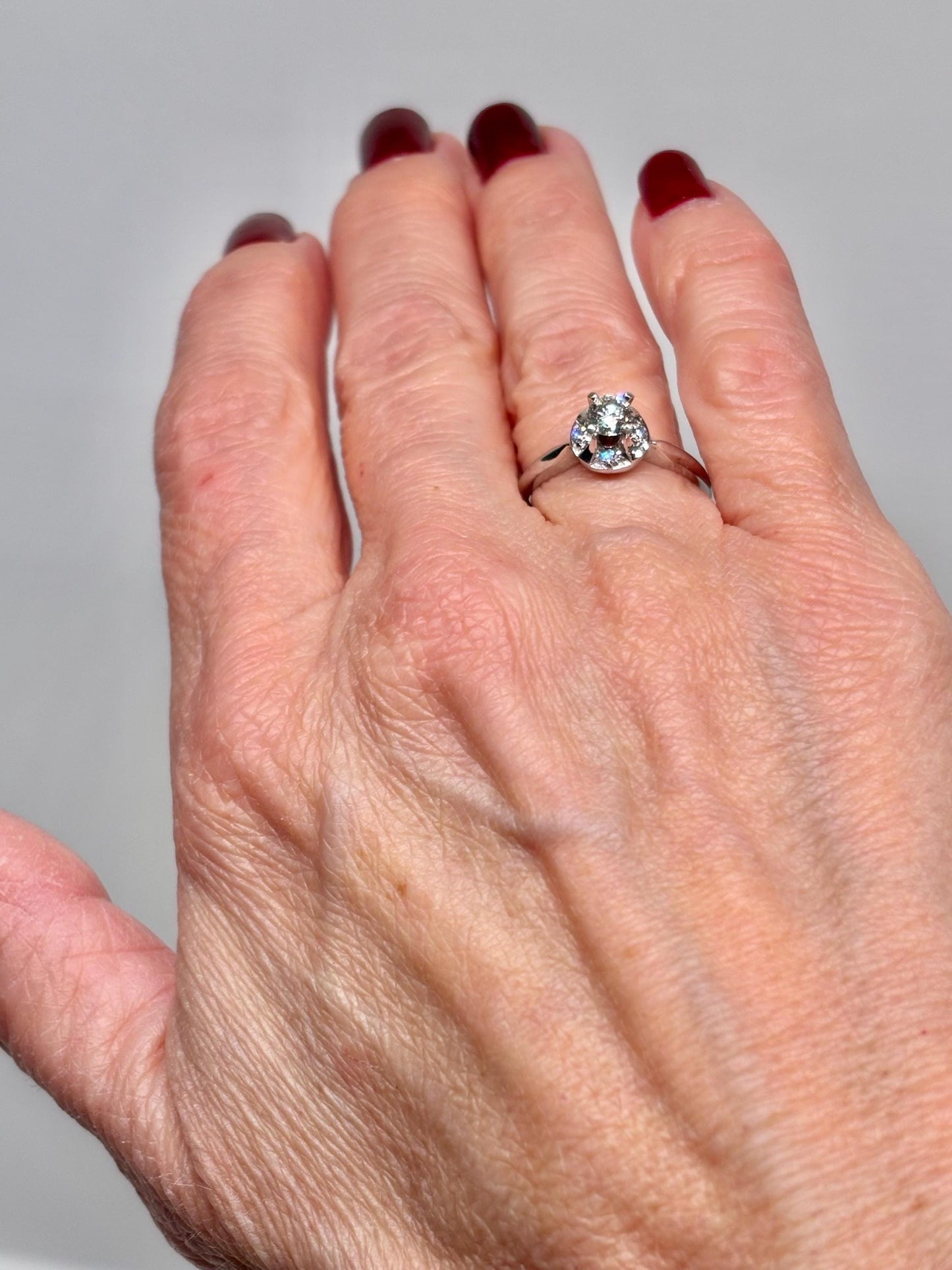 Vintage 14k White Gold Diamond Ring – Classic Mid-Century Solitaire with Halo Accent