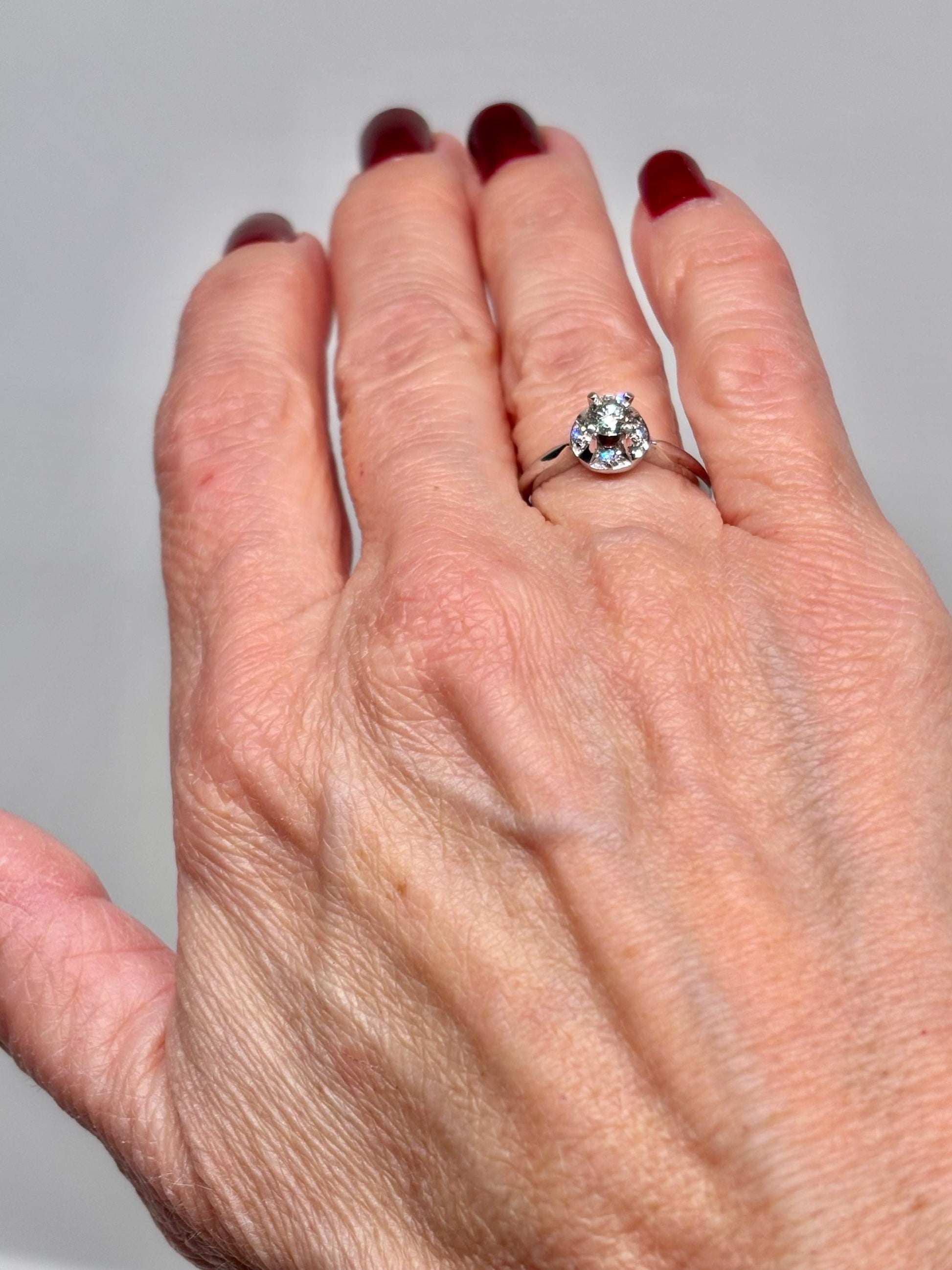 Vintage 14k White Gold Diamond Ring – Classic Mid-Century Solitaire with Halo Accent