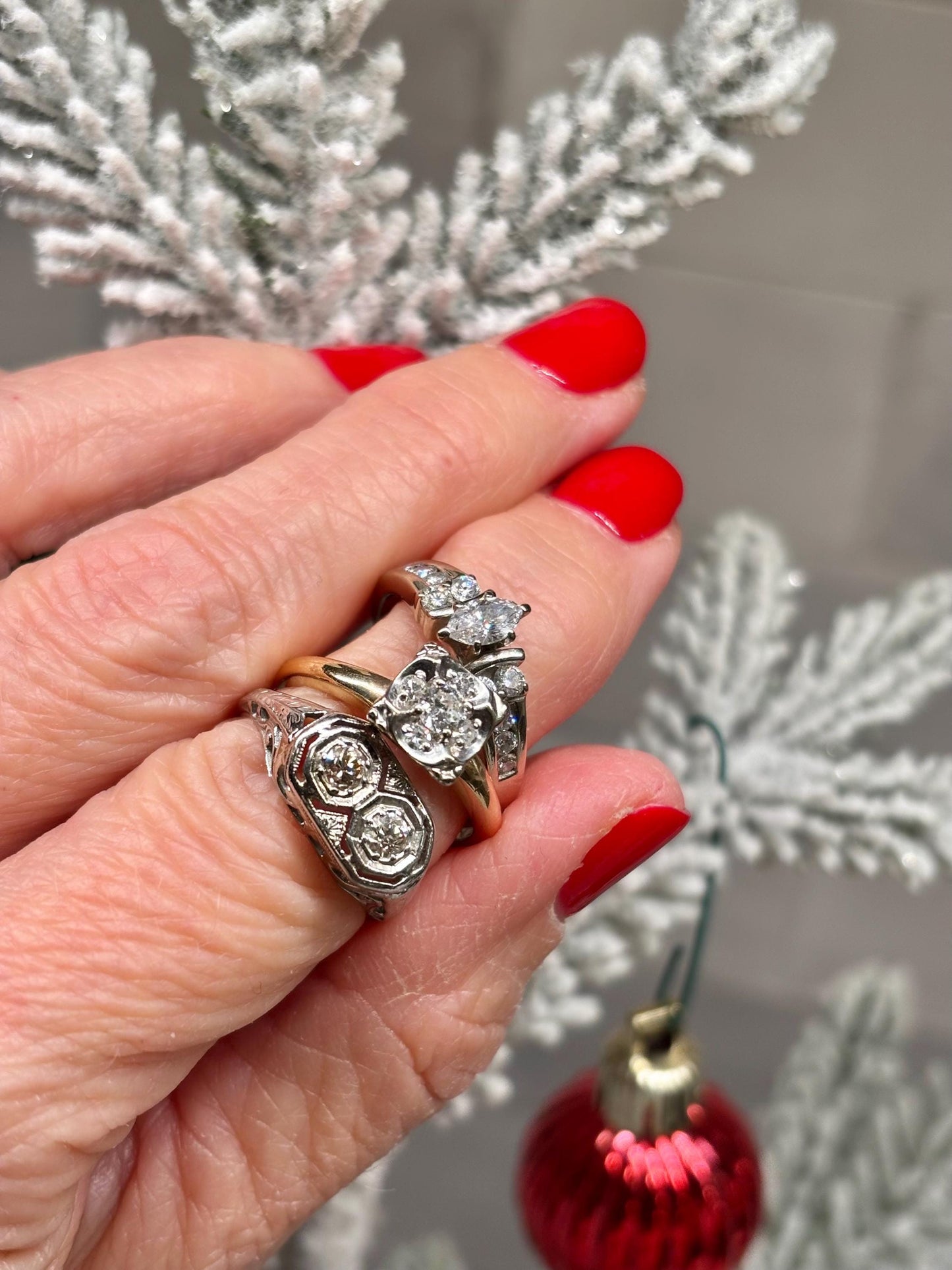 Vintage 14k White Gold Double Diamond Ring – Milgrain Octagon Setting Size 6 1/2