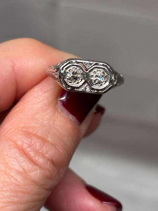 Vintage 14k White Gold Double Diamond Ring – Milgrain Octagon Setting Size 6 1/2